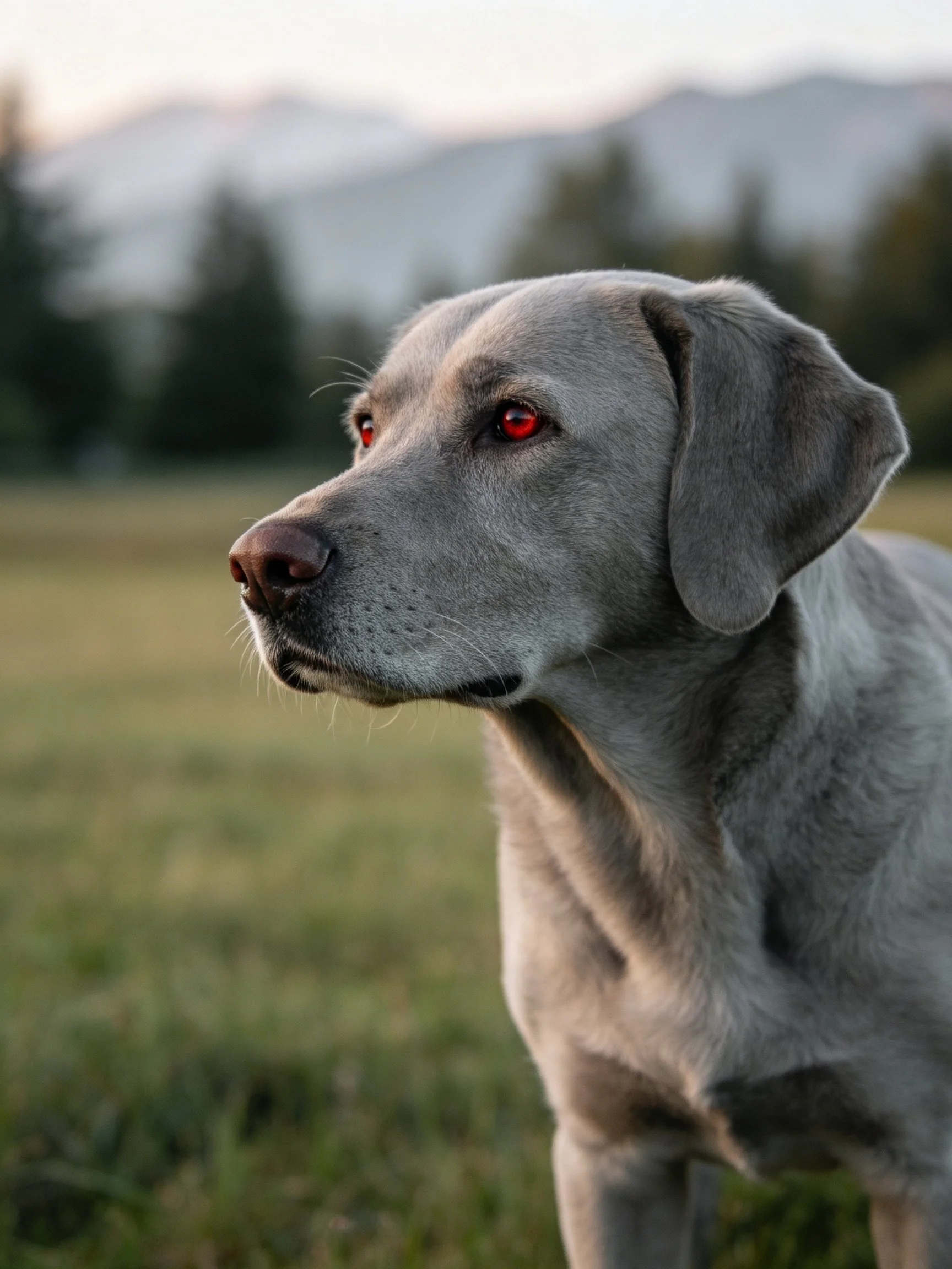 A gray dog with red eyes observes a mountainous natural landscape.