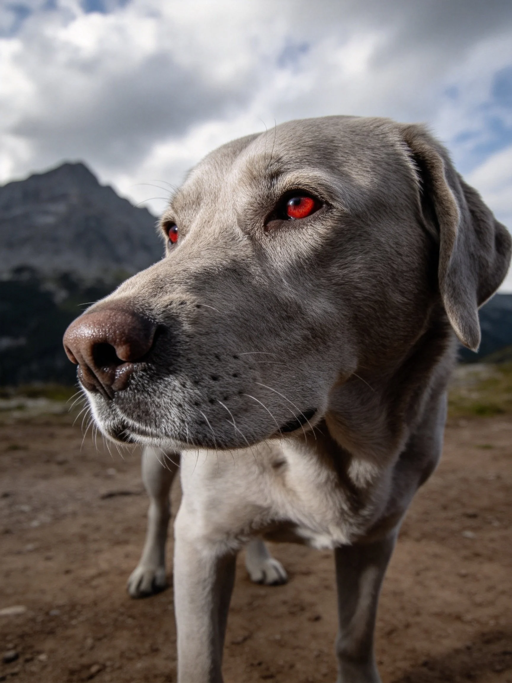 A gray dog with red eyes stands near mountains under a cloudy sky.