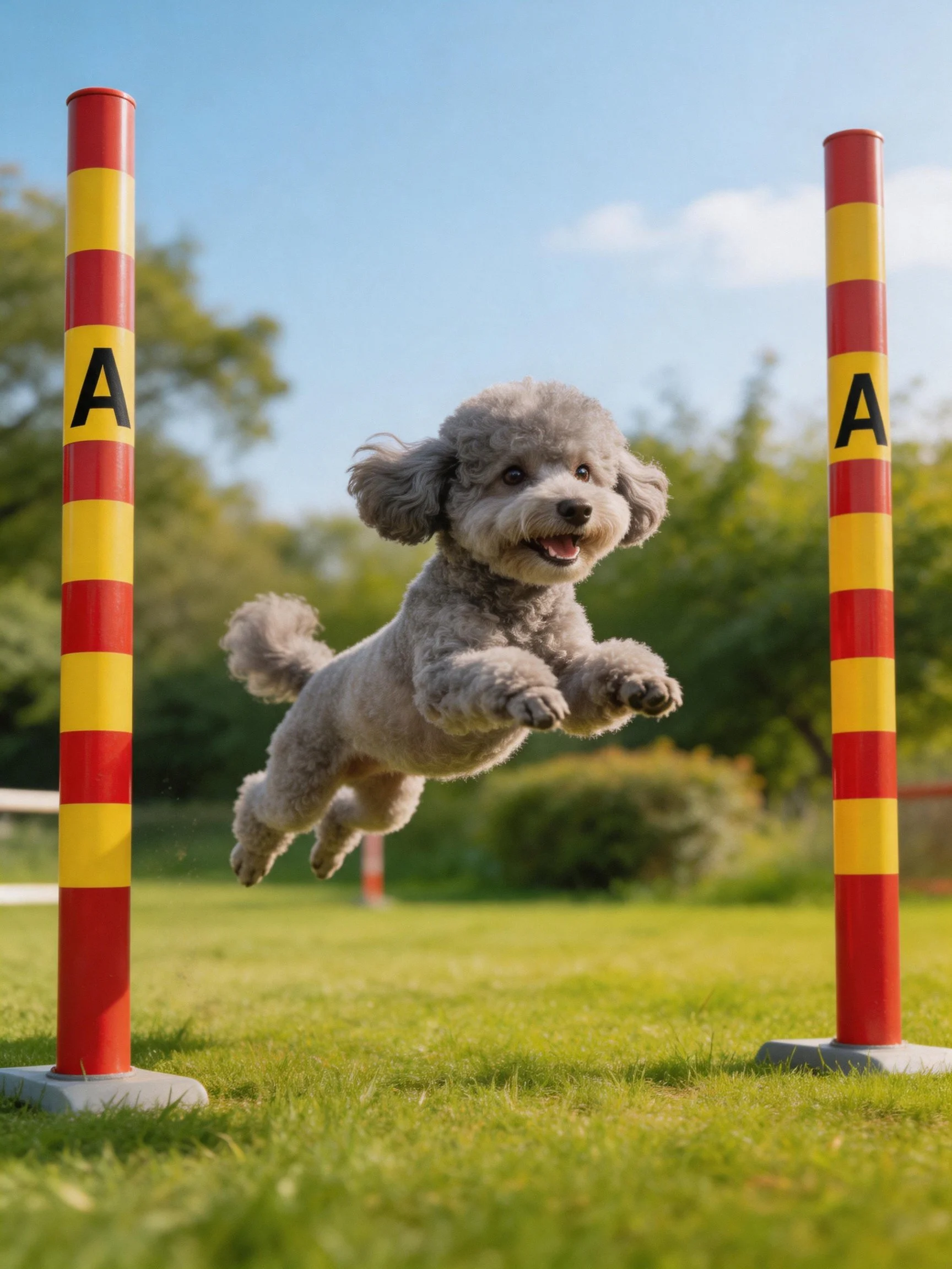 Gray poodle leaping over red-yellow striped poles outdoors