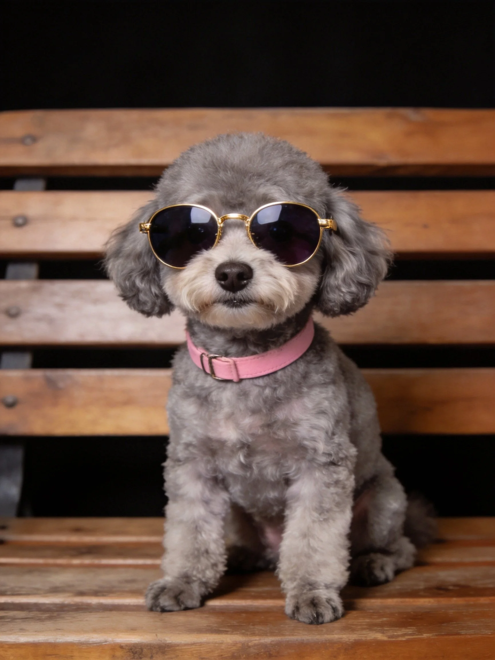 Gray poodle with sunglasses sits on wooden bench.