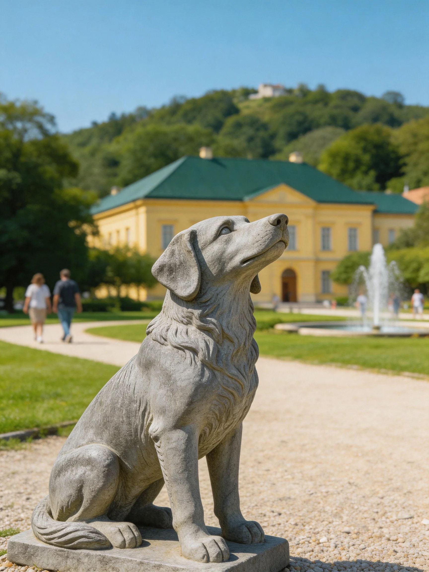 A stone dog statue sits near a yellow mansion with a green roof in an outdoor setting.