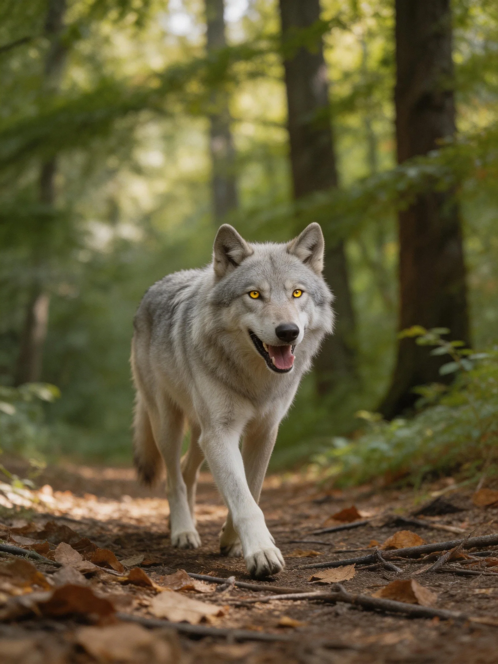 A gray wolf walks through a sunlit forest trail.