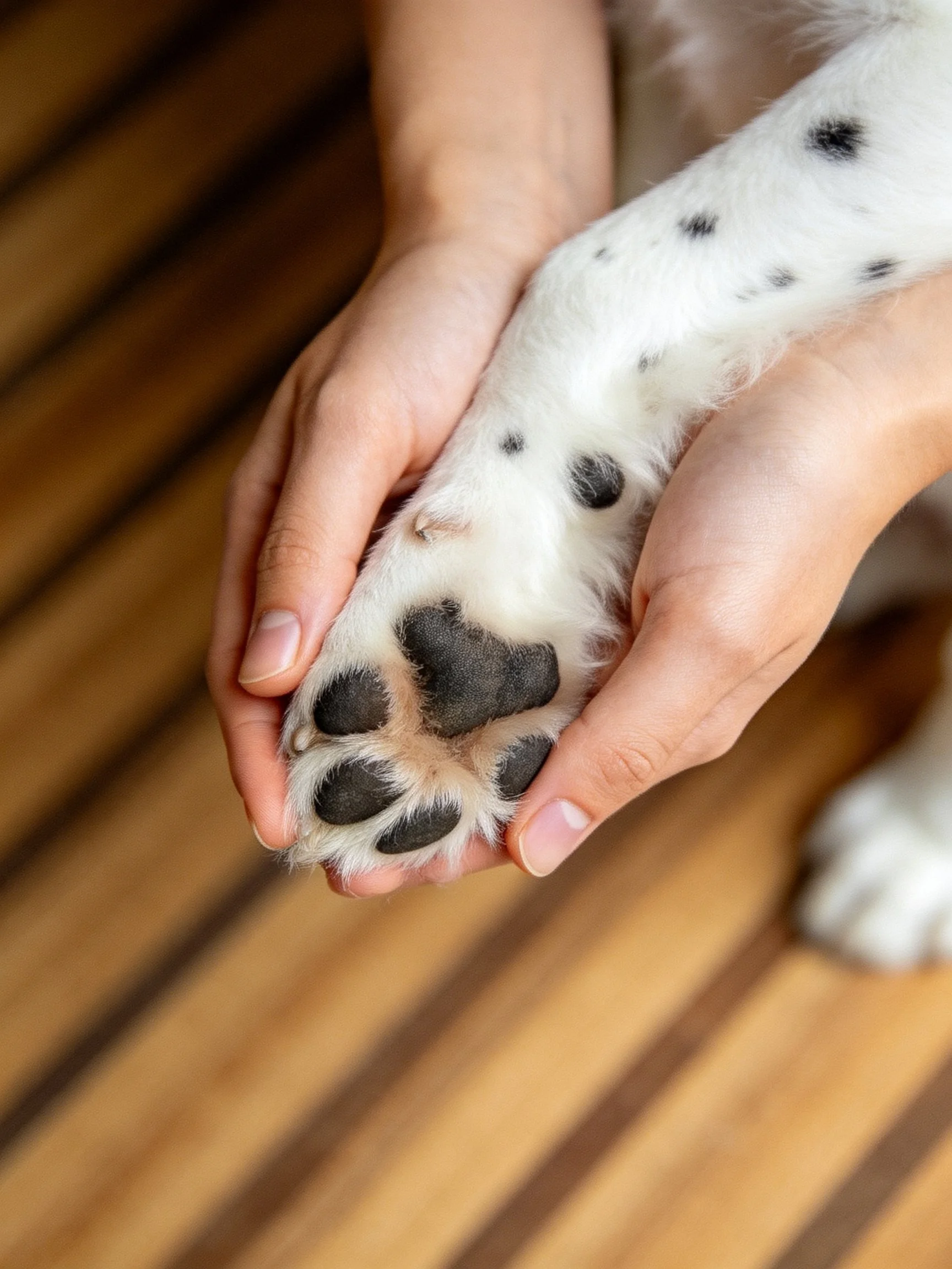 Hands gently hold a Dalmatian’s paw, showcasing its black-spotted white fur and wooden surroundings.