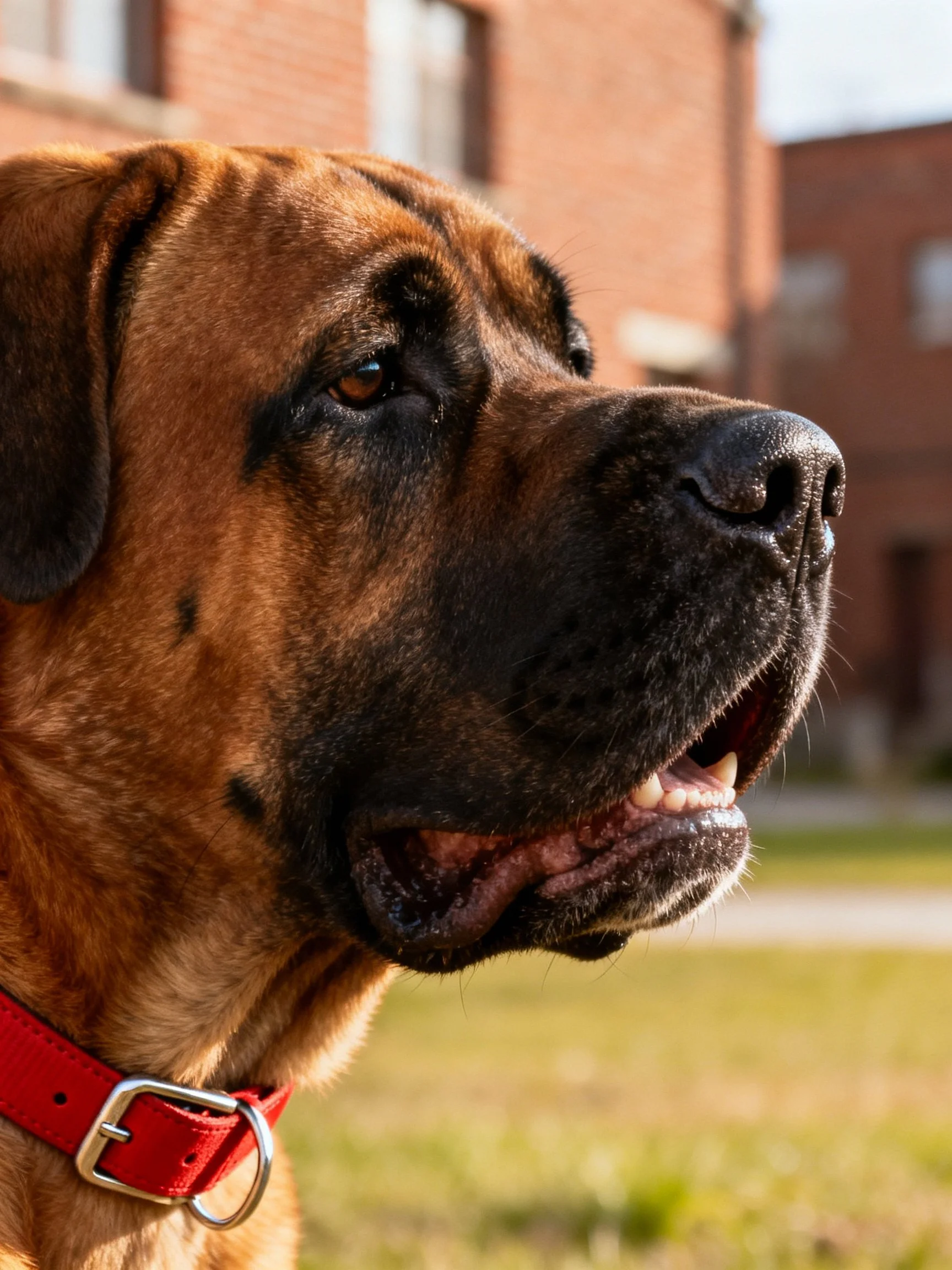 Large brown Mastiff wearing red collar outdoors
