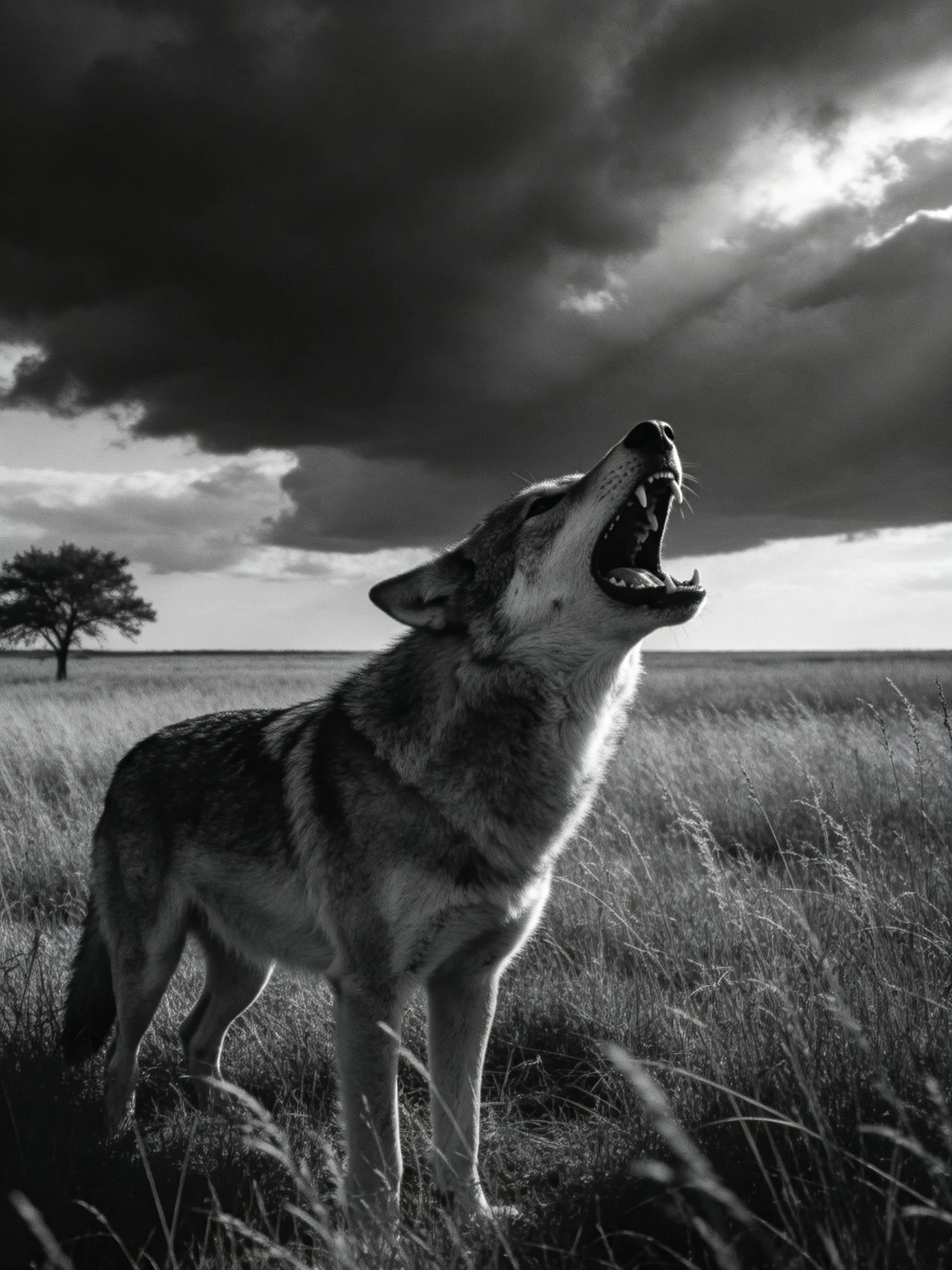 Lone wolf howling under dramatic cloudy skies in an open field