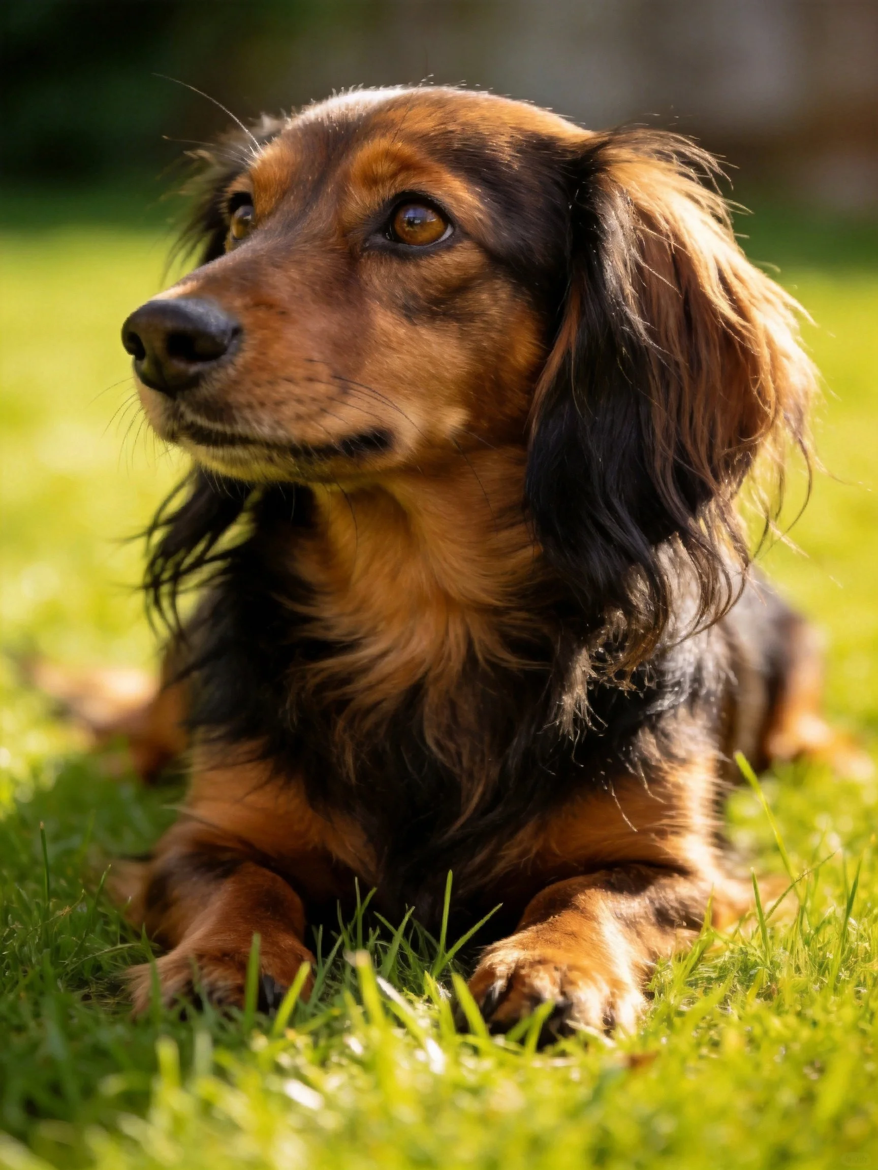 A long-haired dachshund lies peacefully on vibrant green grass bathed in sunlight.