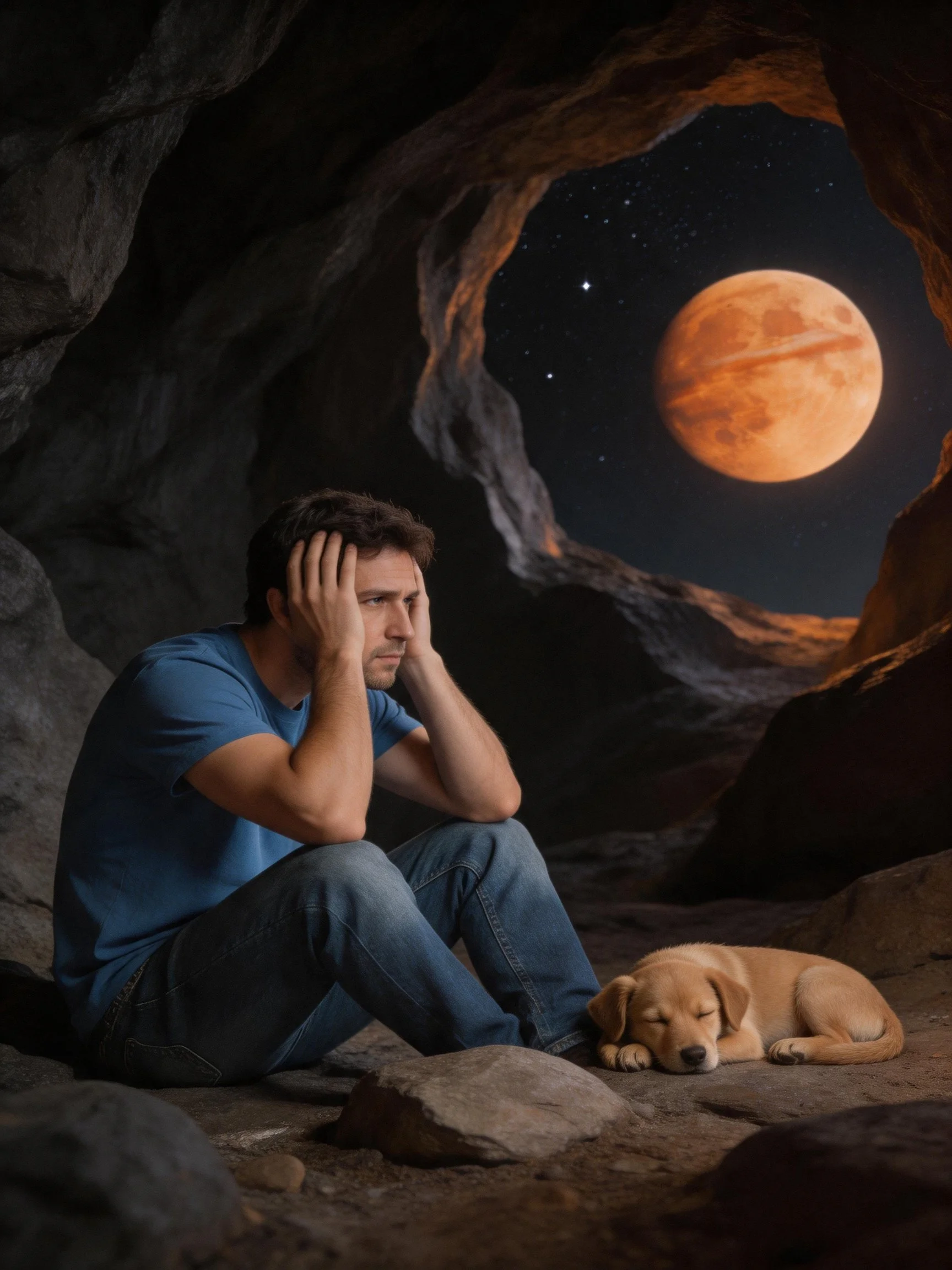 Man in blue shirt sits by sleeping dog near cave with orange moon