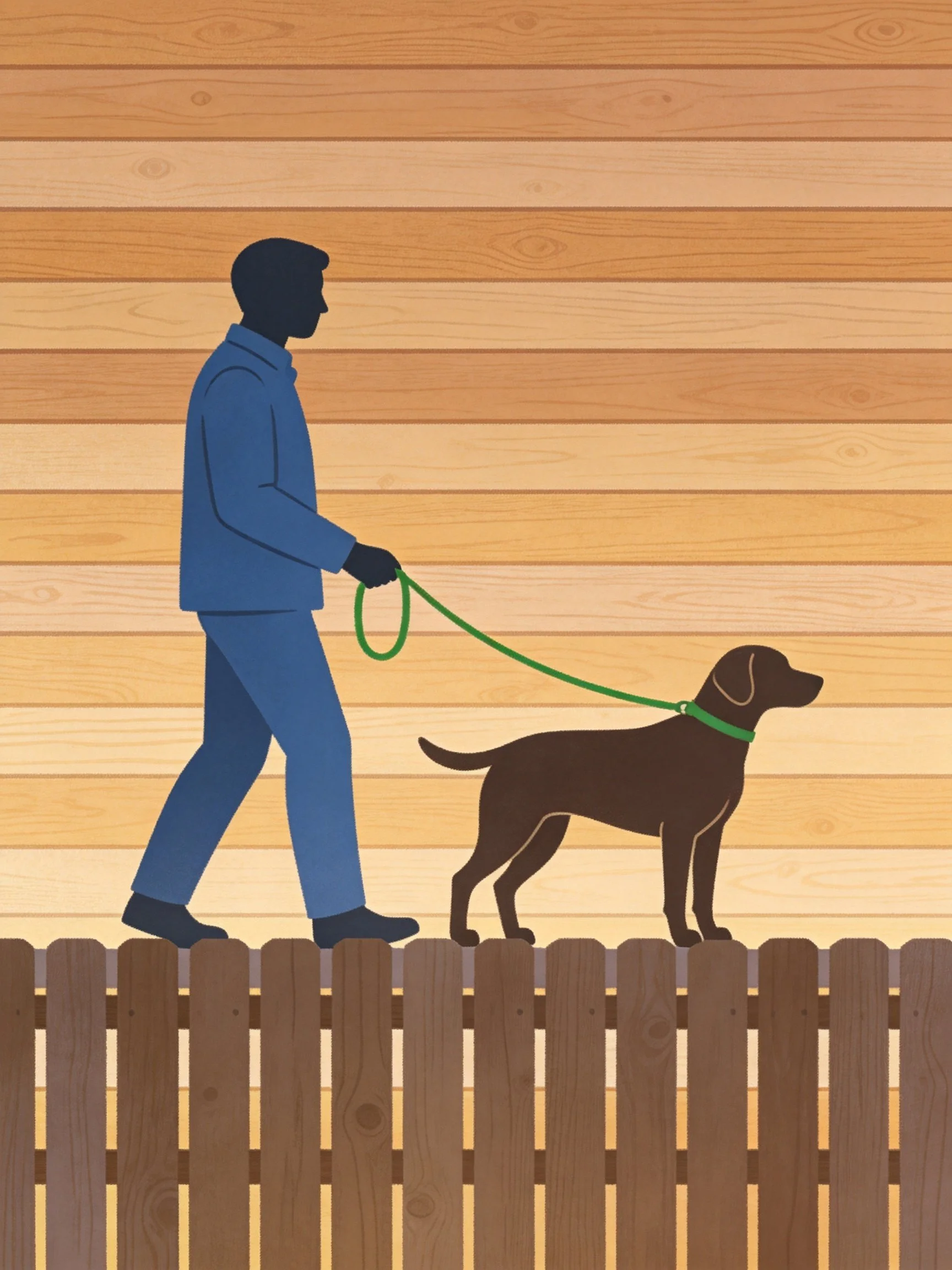 A man in blue walks his brown dog on a wooden fence.