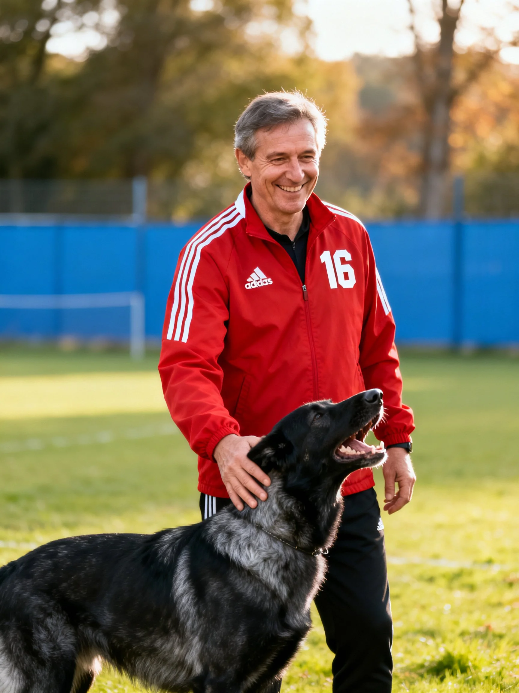 Man in red Adidas jacket with white stripes stands beside a large black and gray dog