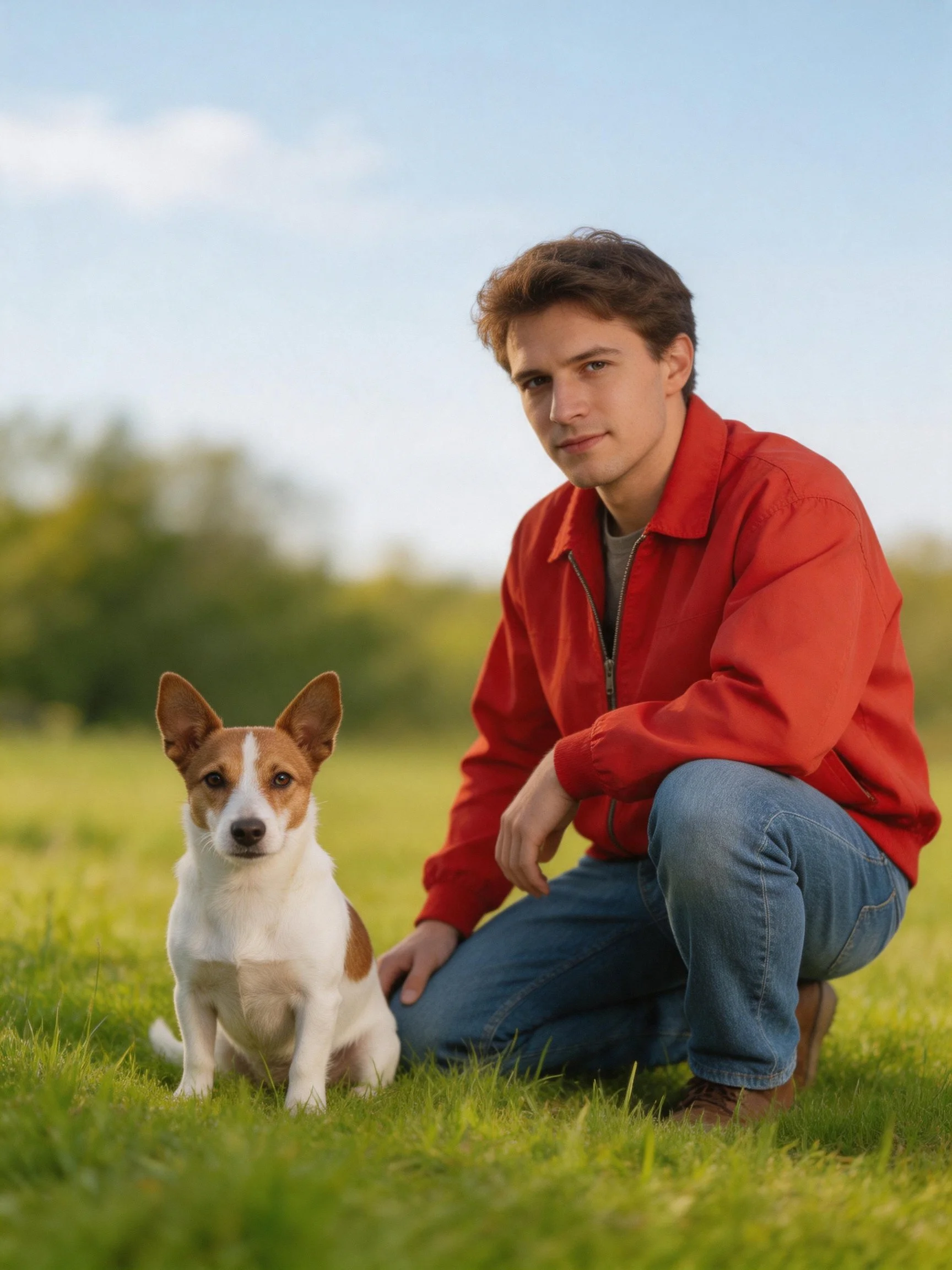 A man in a red jacket kneels beside a small dog outdoors.