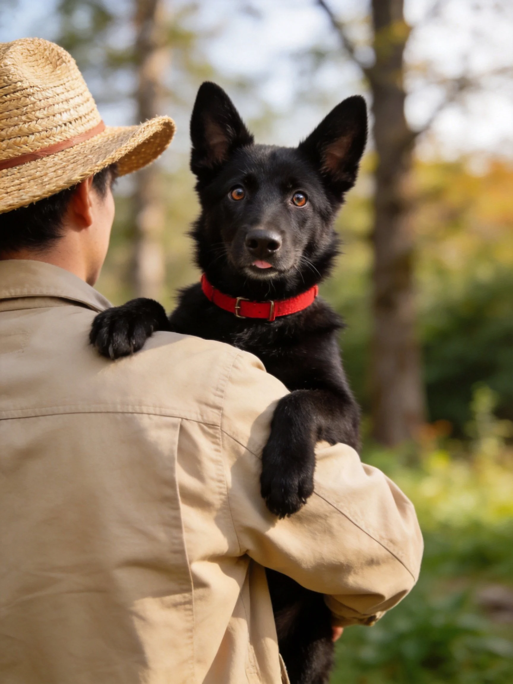 Man in straw hat holds black dog with red collar outdoors