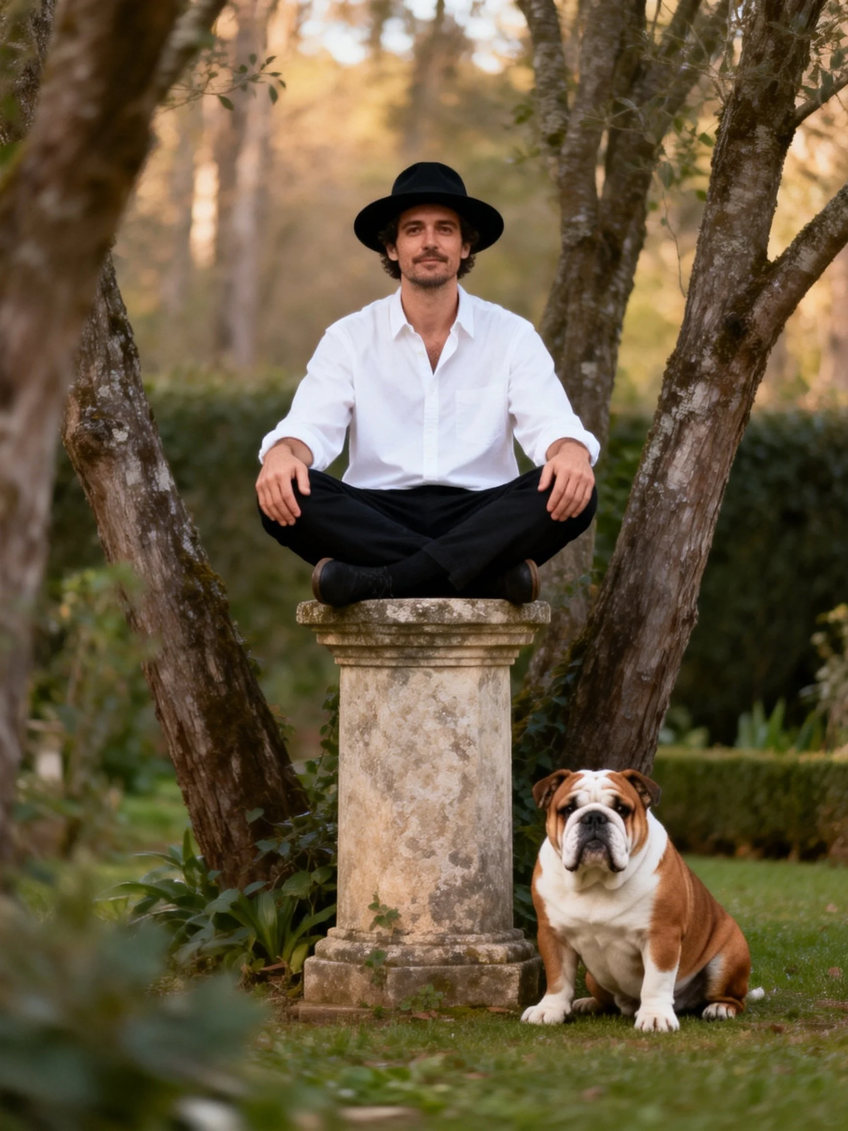 Man meditating on stone pedestal with English bulldog
