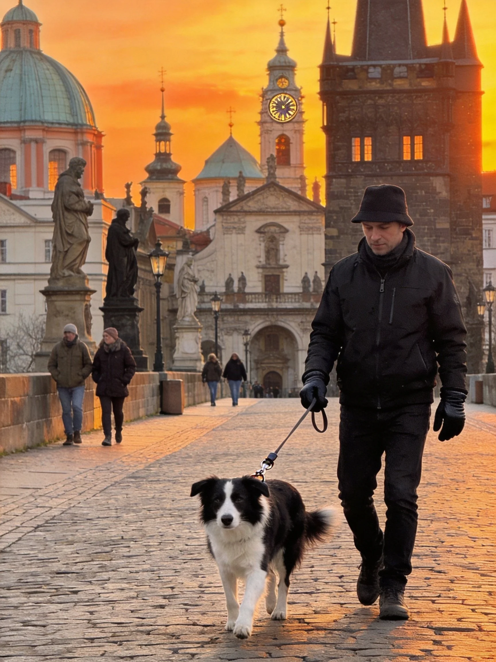 A person walks a black - white dog along a historic cobblestone bridge during sunset.