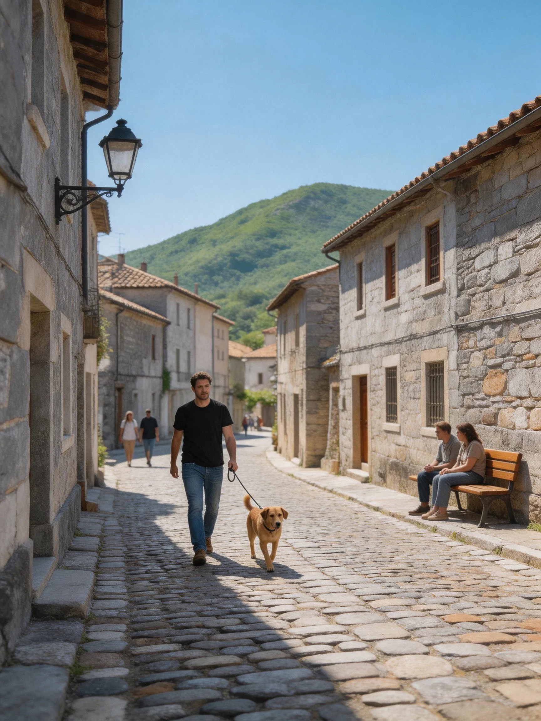 A man walks his dog through a charming village with cobblestone streets and stone buildings.