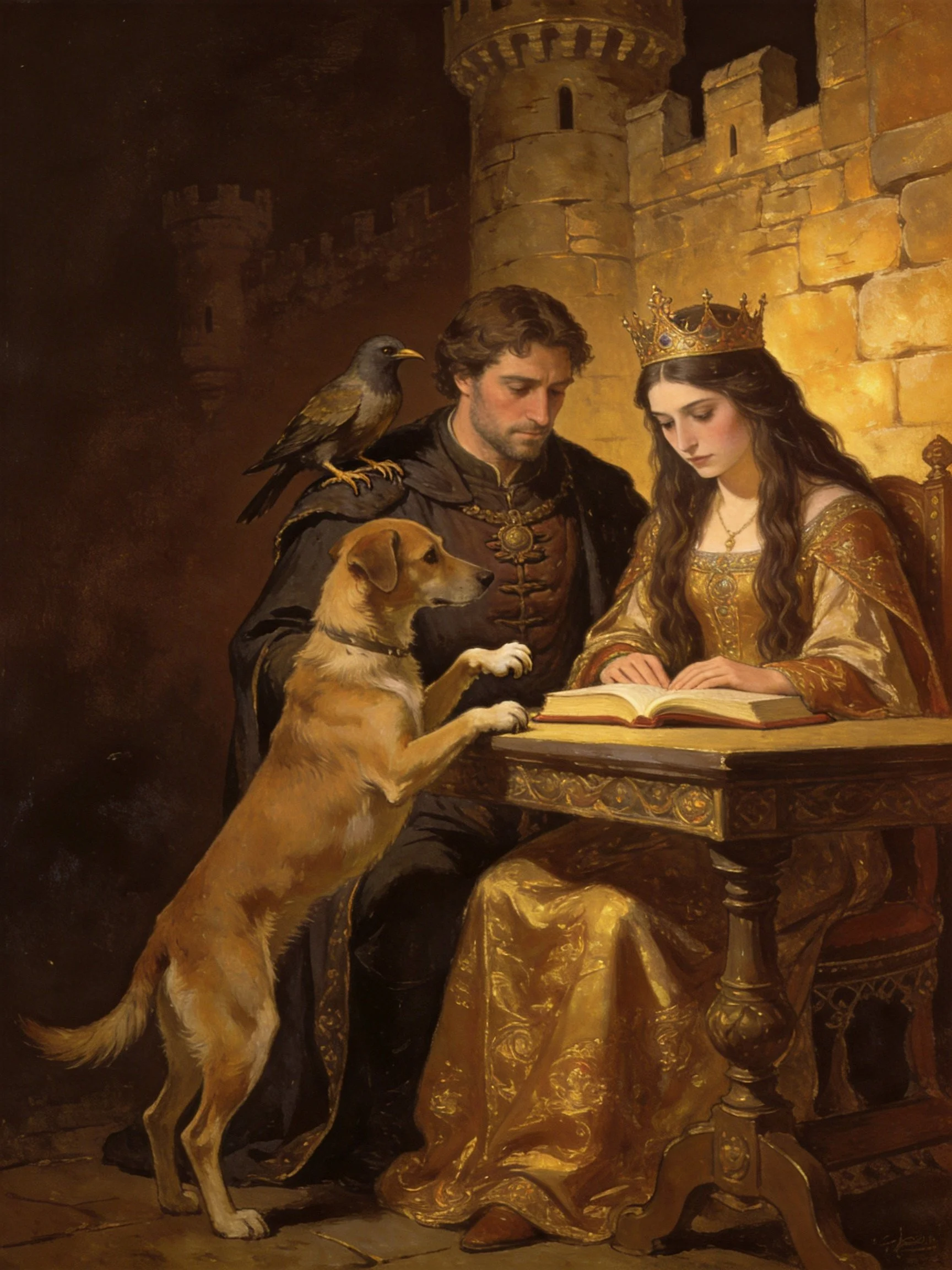 A medieval couple reads together near stone castle walls, accompanied by a dog and bird.