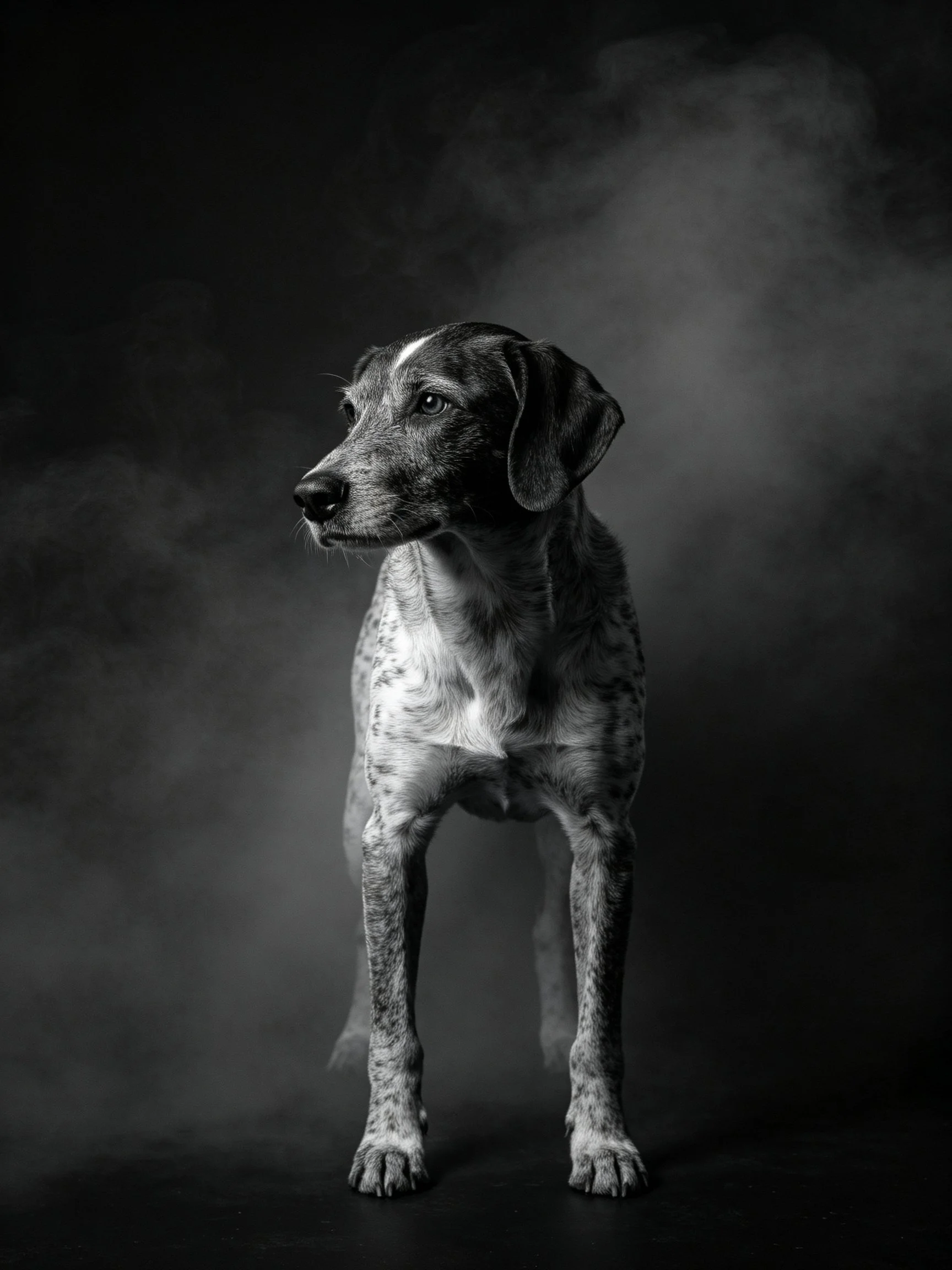 Monochrome portrait of a speckled dog with dramatic lighting