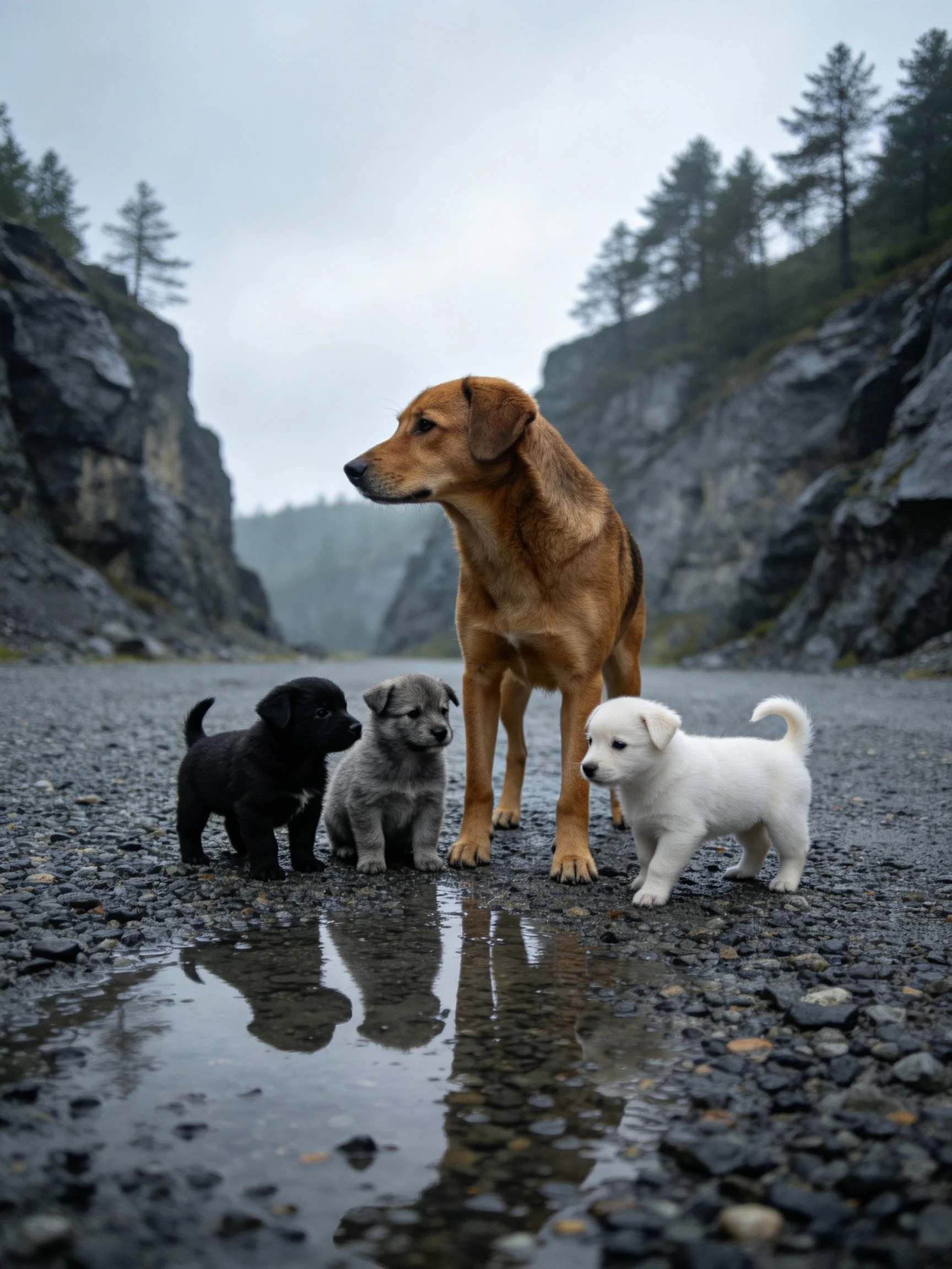 One brown dog and three puppies stand on a gravel path near rocky cliffs