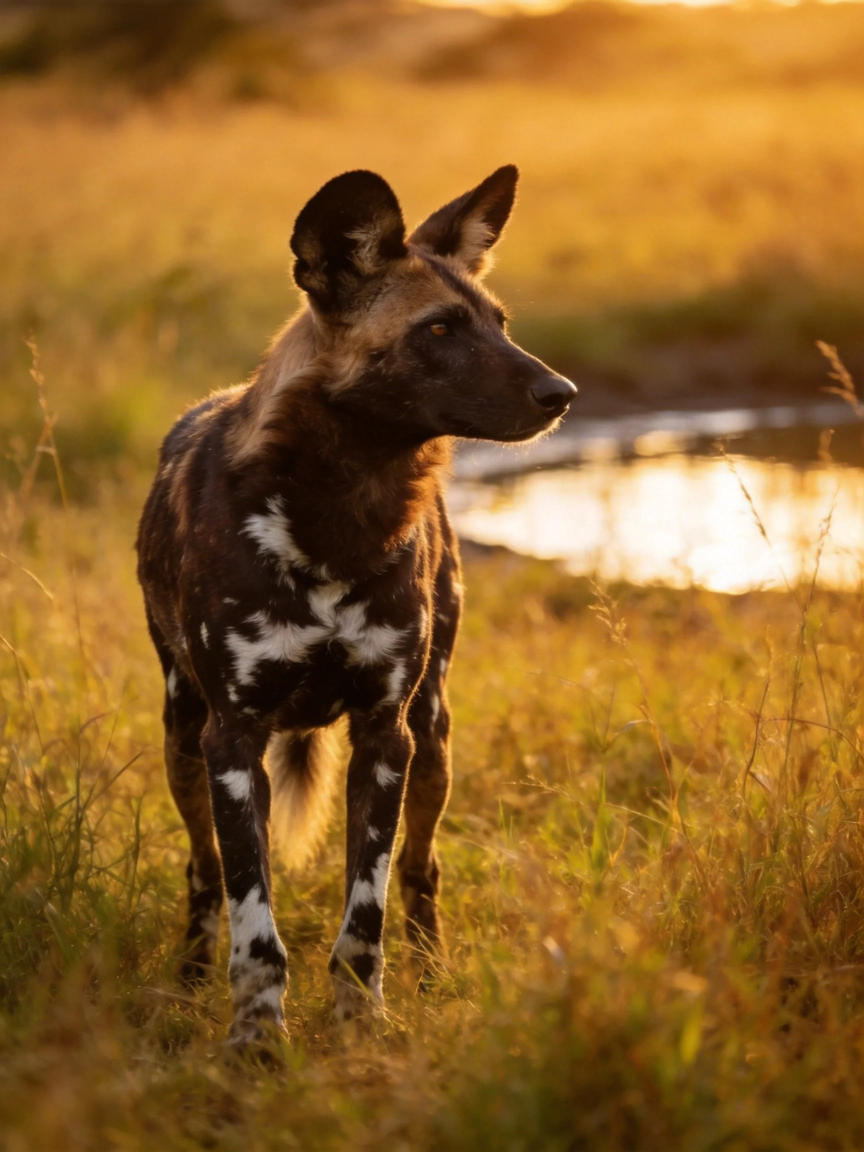 A painted dog stands alert in a golden savannah landscape near water.