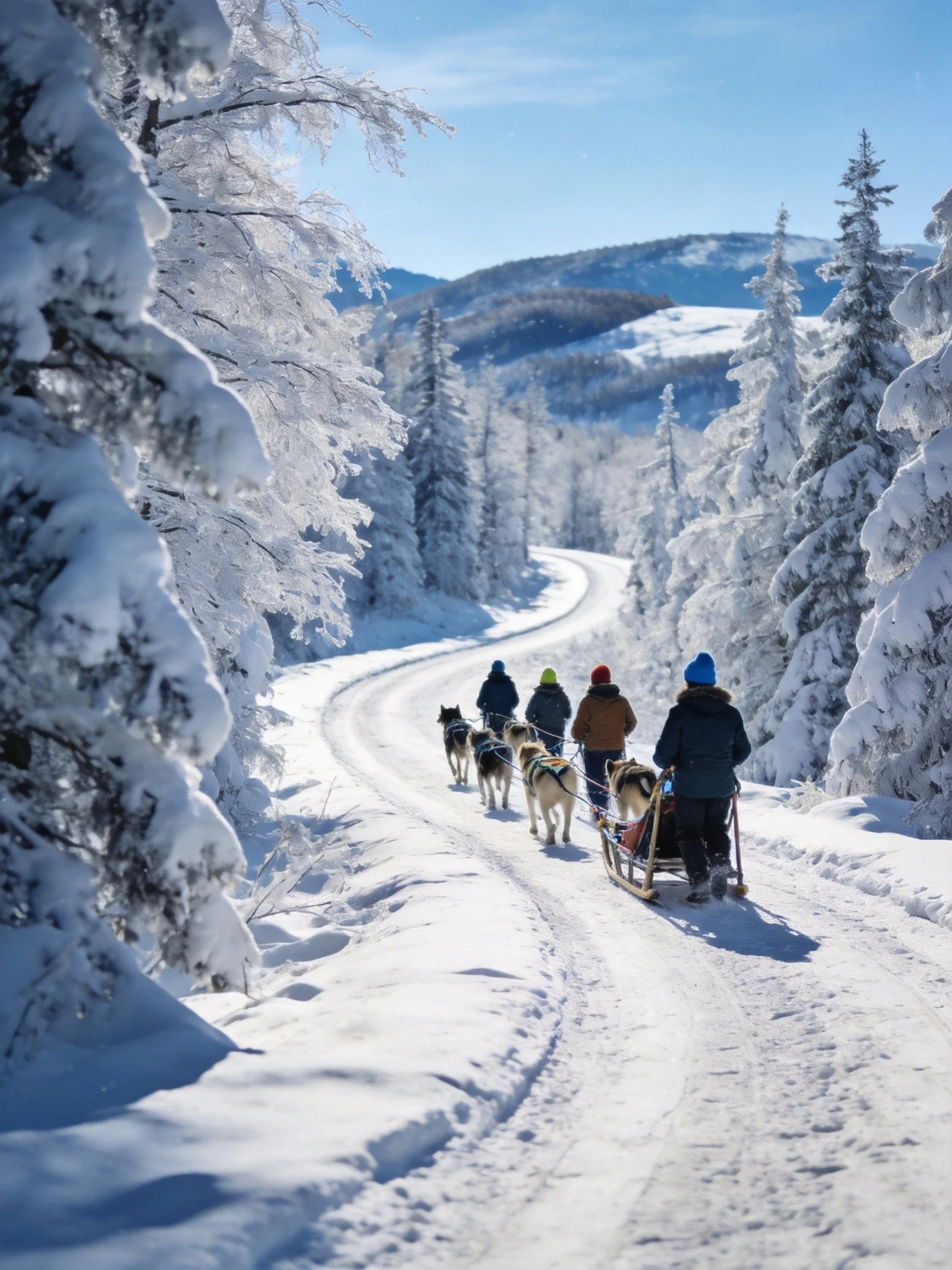 People riding dog sled through snow - covered forest path