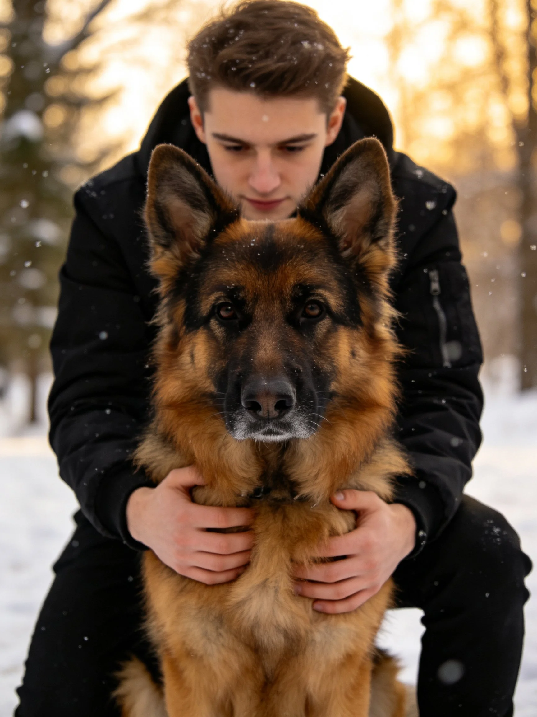 A person holds a German Shepherd dog in a snowy natural environment.