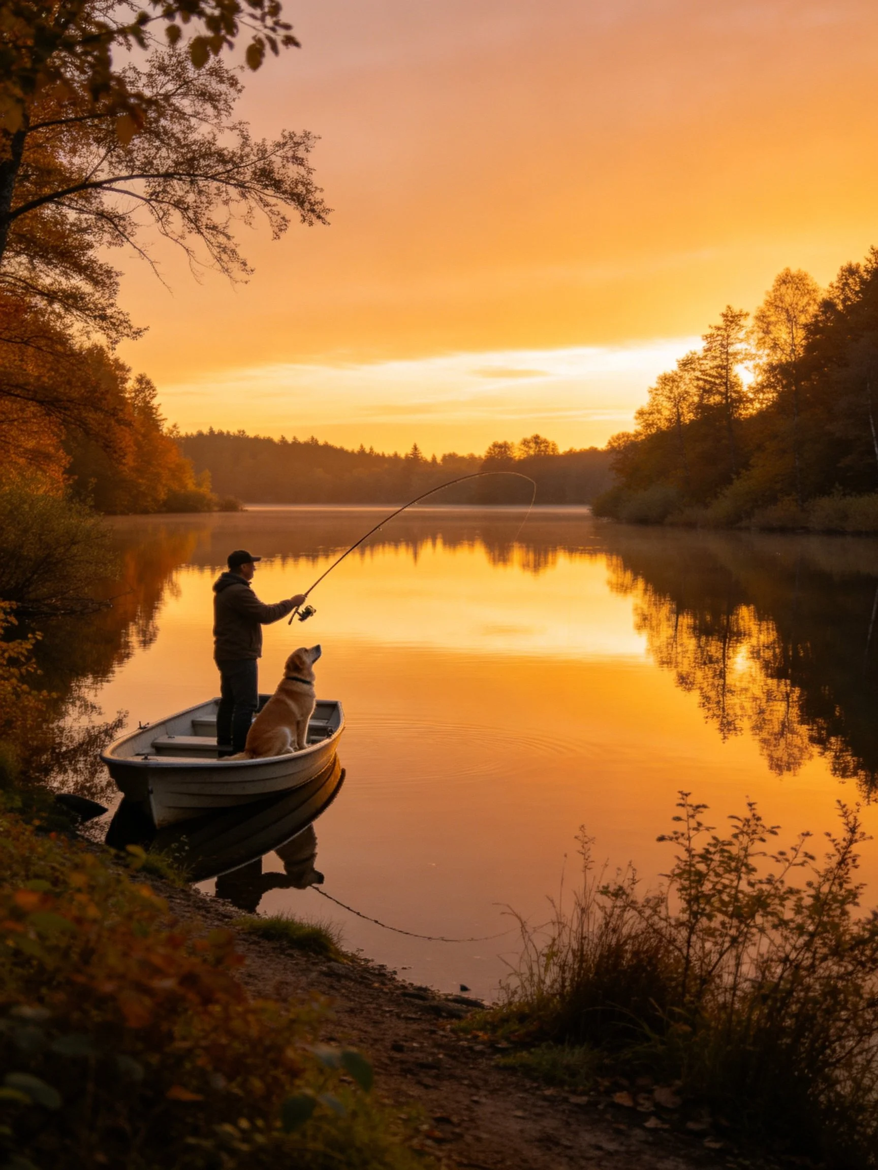 A person fishes from a small boat with a dog nearby on a calm lake at sunset.