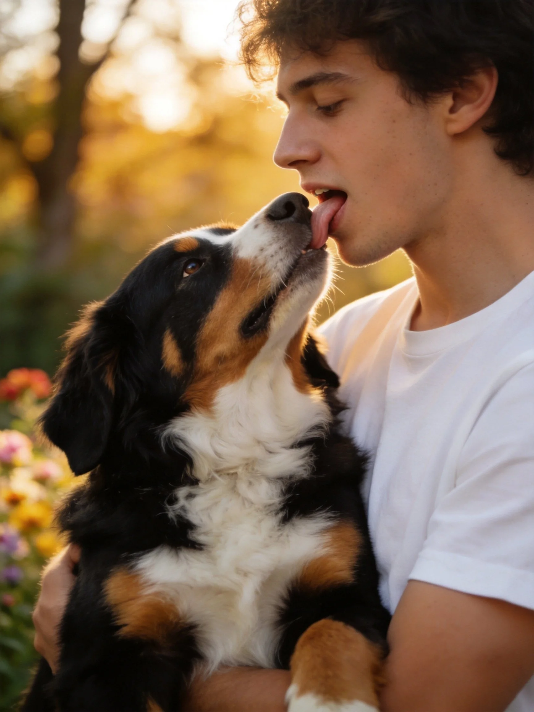 Person shares affectionate moment with Bernese Mountain Dog in sunny outdoor area.