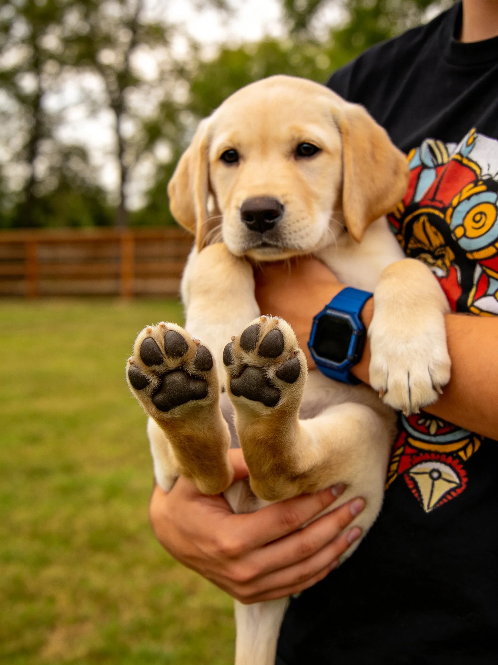 Person holds a cream - colored Labrador puppy with visible front paws.