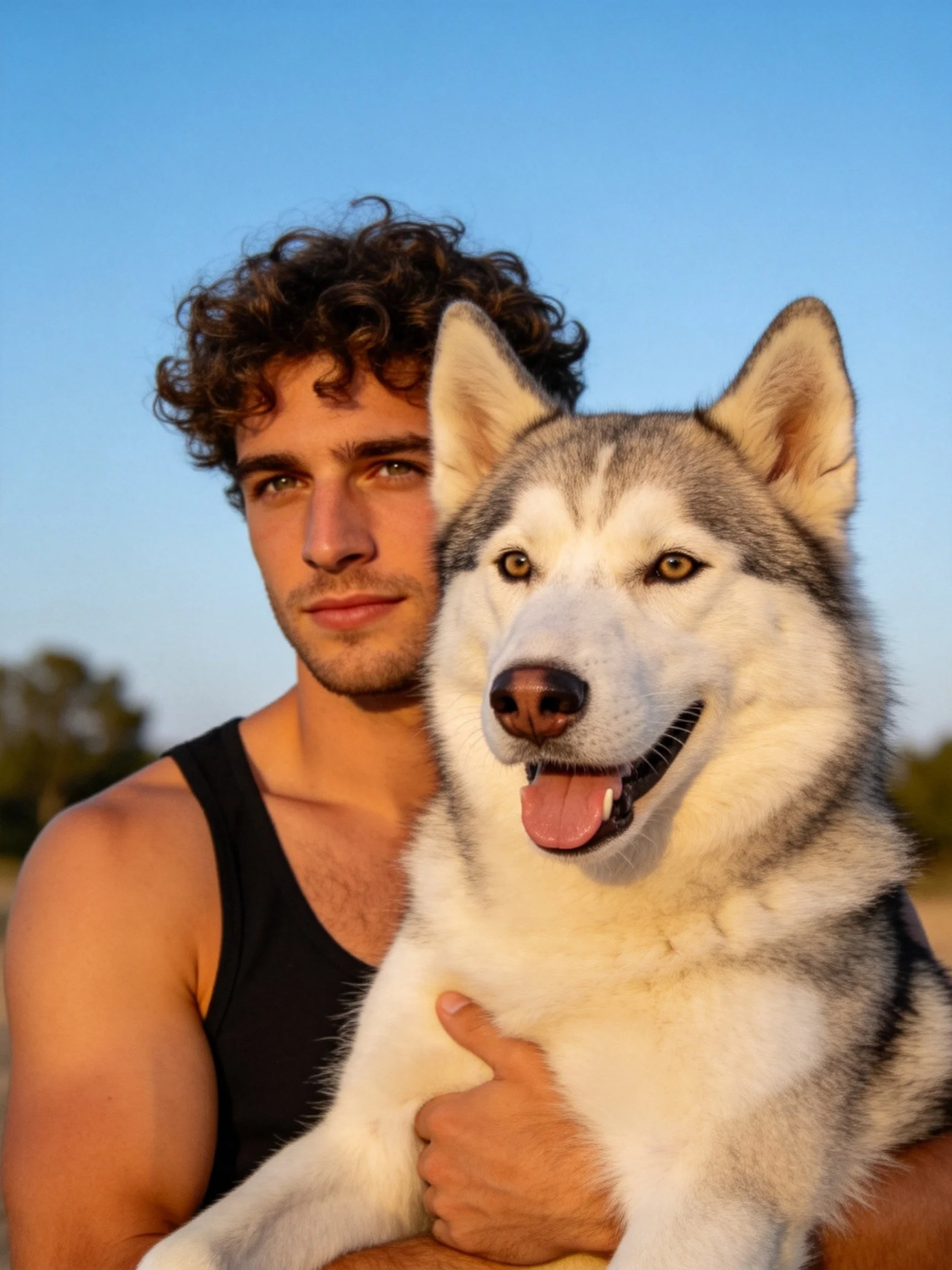 A person holds a gray and white husky outdoors with a clear blue sky.