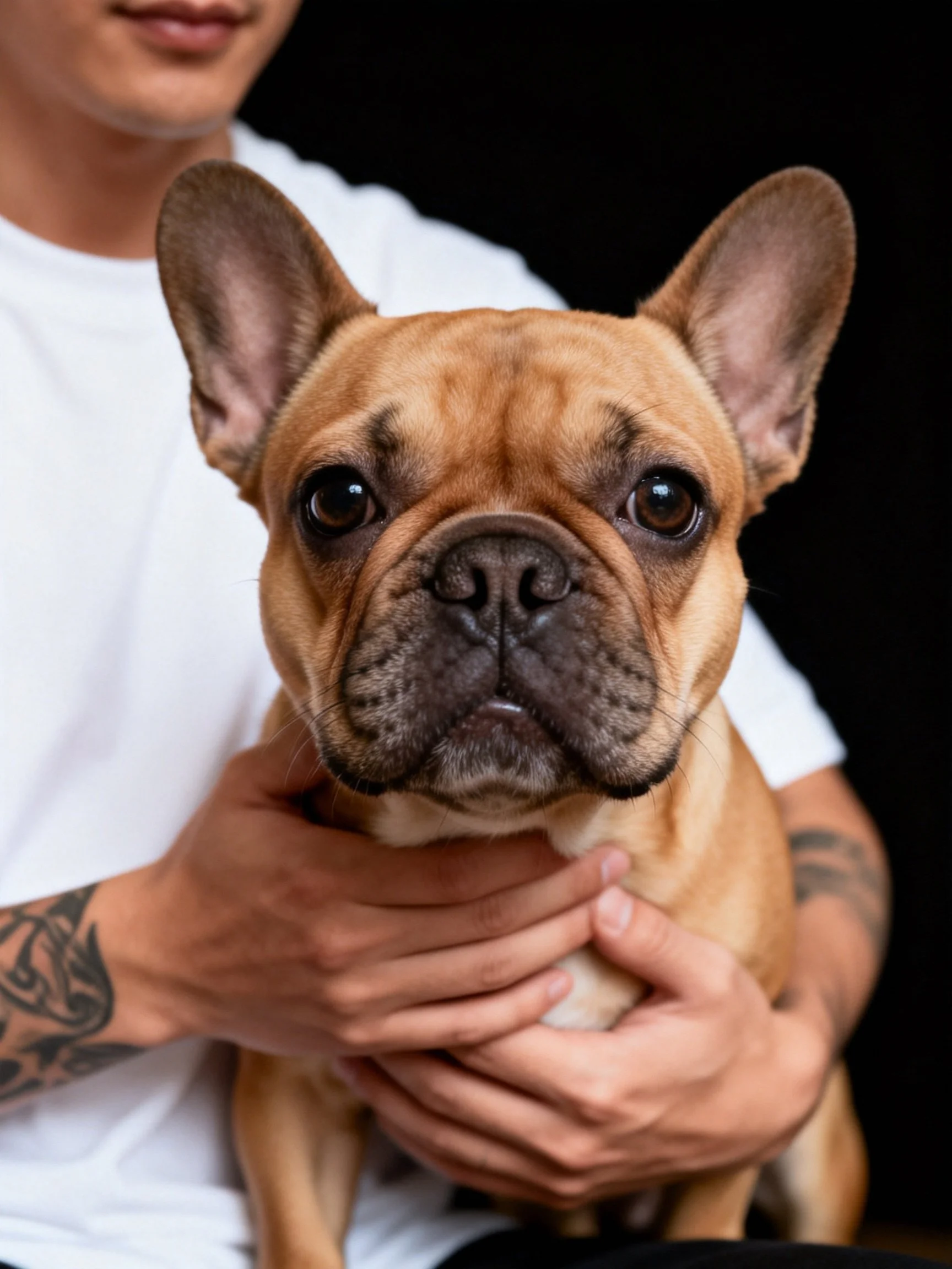 A person holds a tan French Bulldog closely in a dark setting.