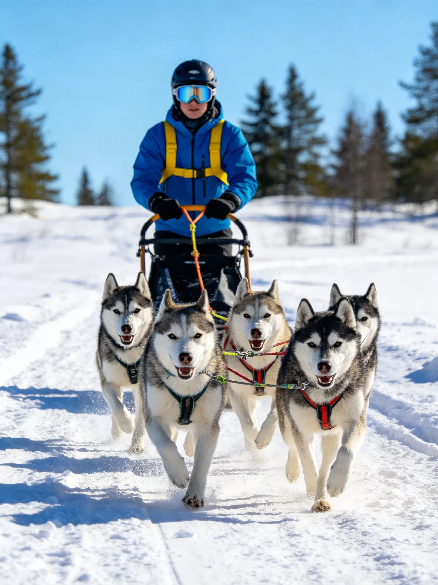 Person in blue jacket drives sled with five huskies on snow