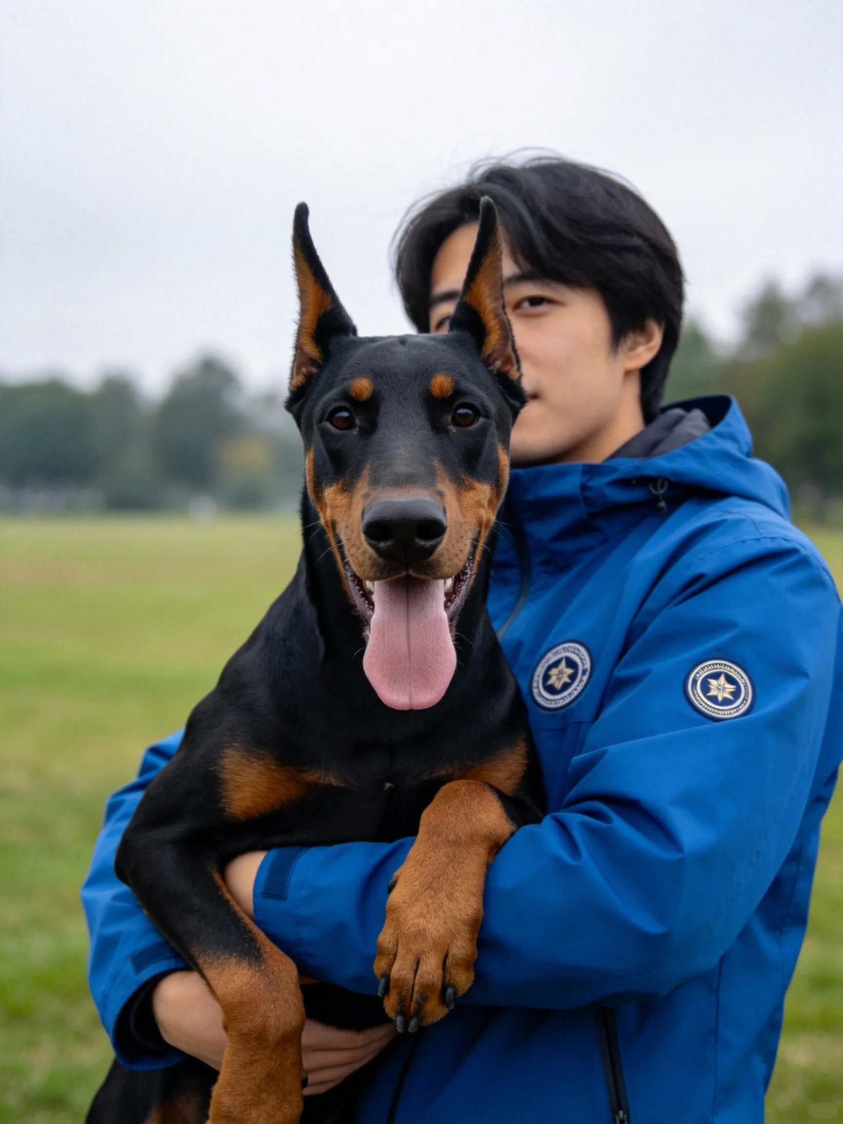 Person in blue jacket holds black and tan Doberman outdoors