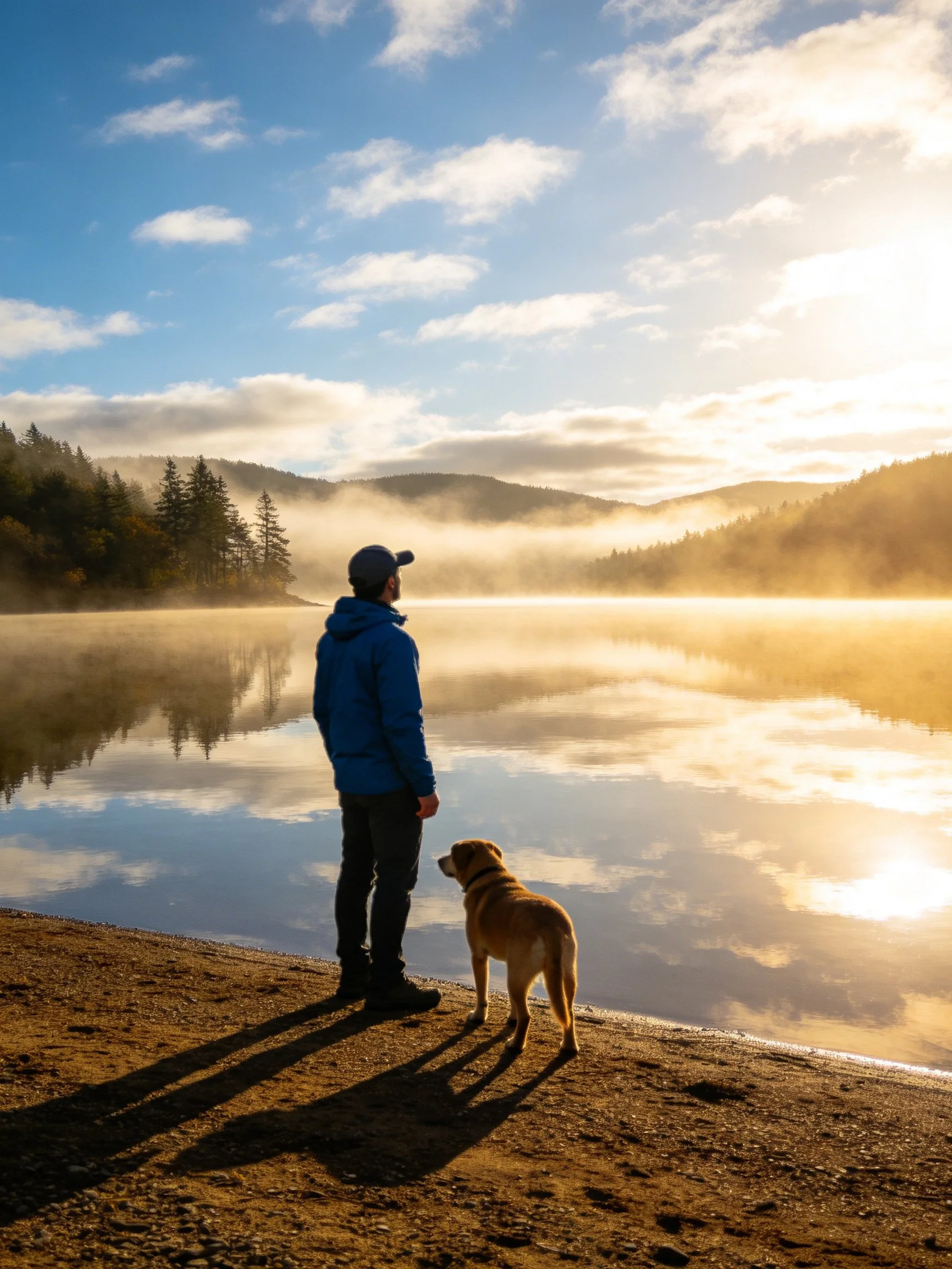 Person and dog stand by misty lake during sunrise.