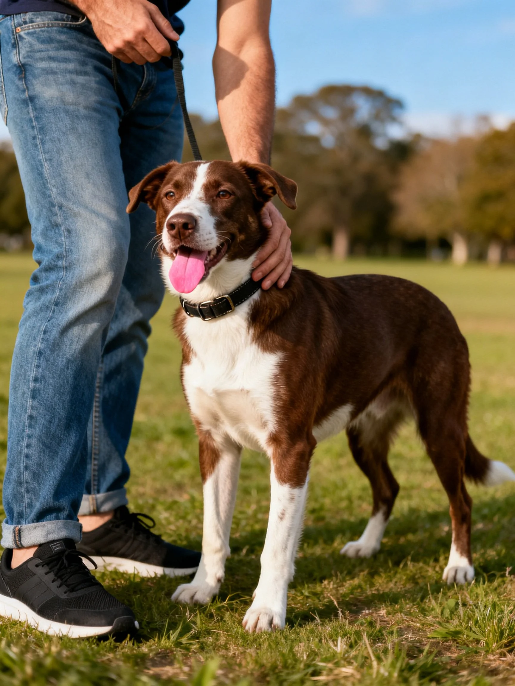 Person in blue jeans holds a brown and white dog with a pink tongue outdoors