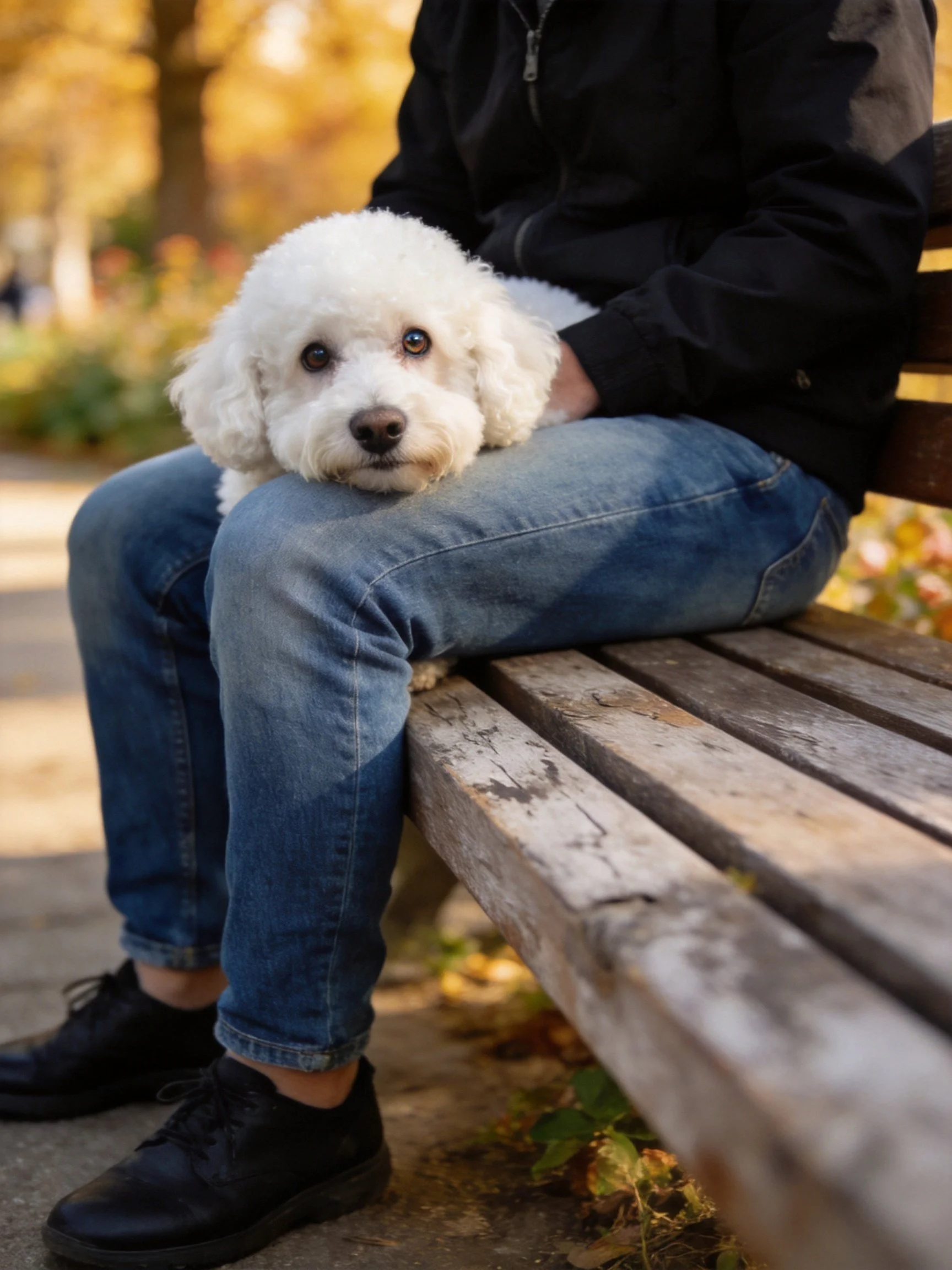 Person sits on a bench with a white curly-haired dog in an outdoor setting.