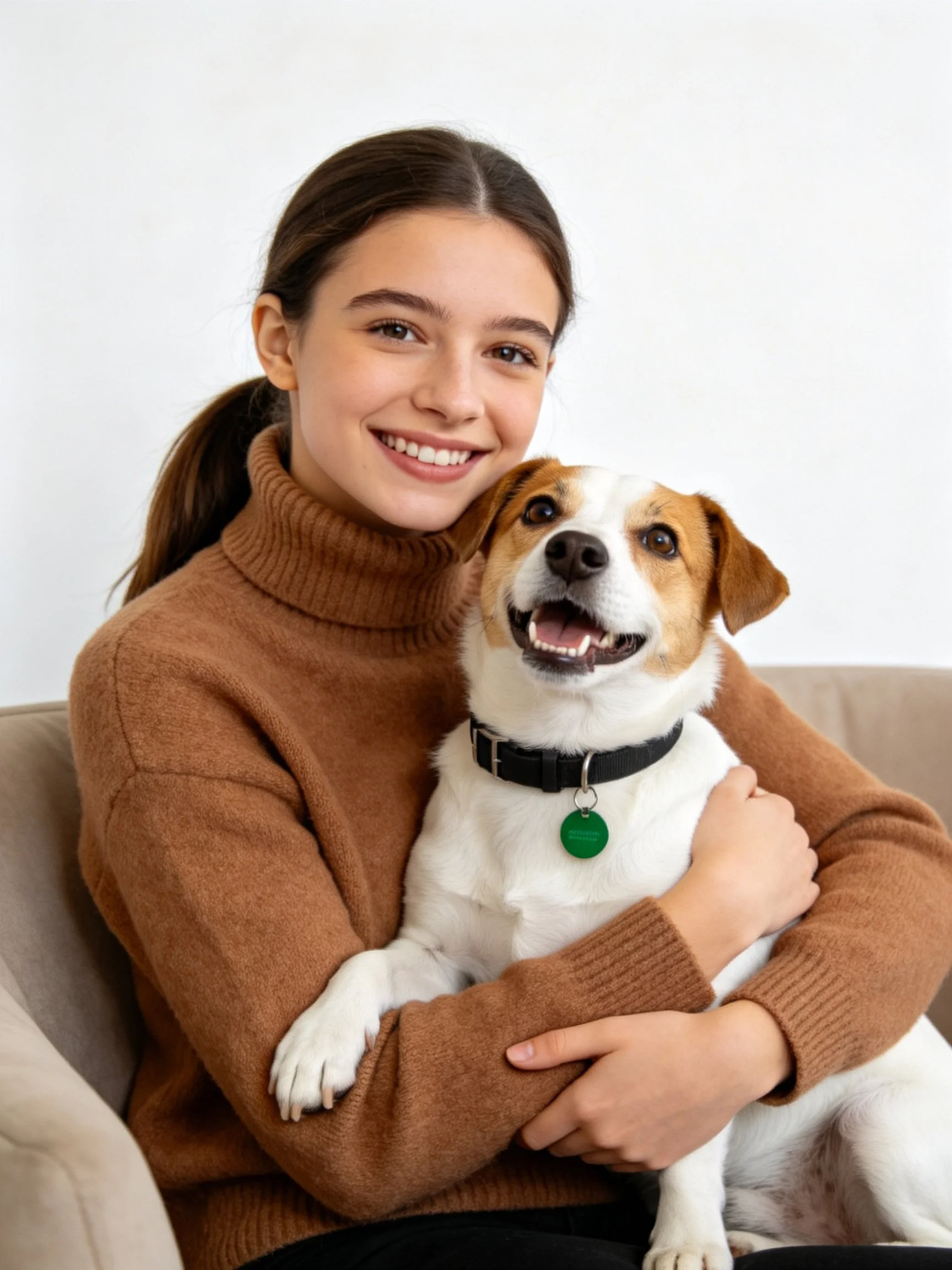 A person in a brown turtleneck cradles a cheerful white and tan dog.
