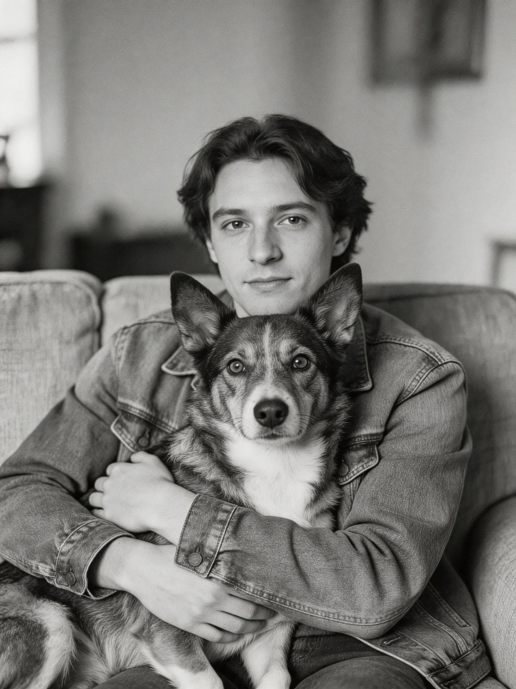 Person in denim jacket holding a dog on a couch