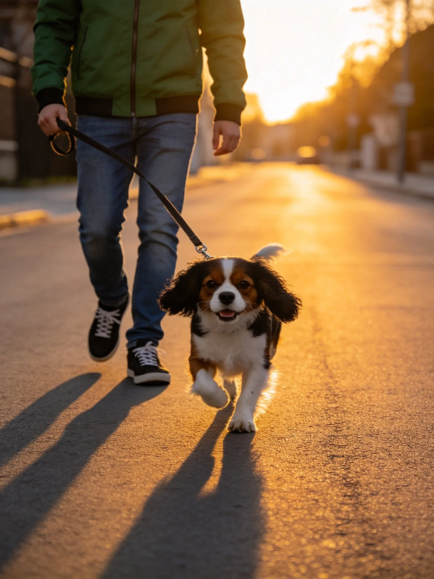 A person walks a tricolor dog along a sunlit street during sunset.