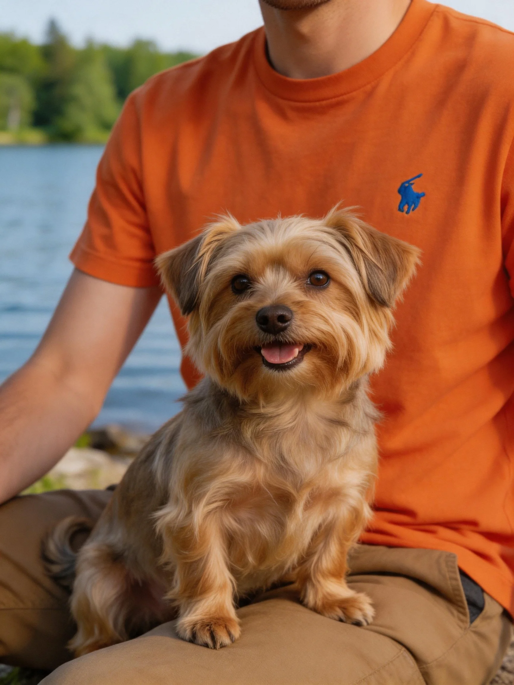 Person in orange shirt sits by water with small dog on lap