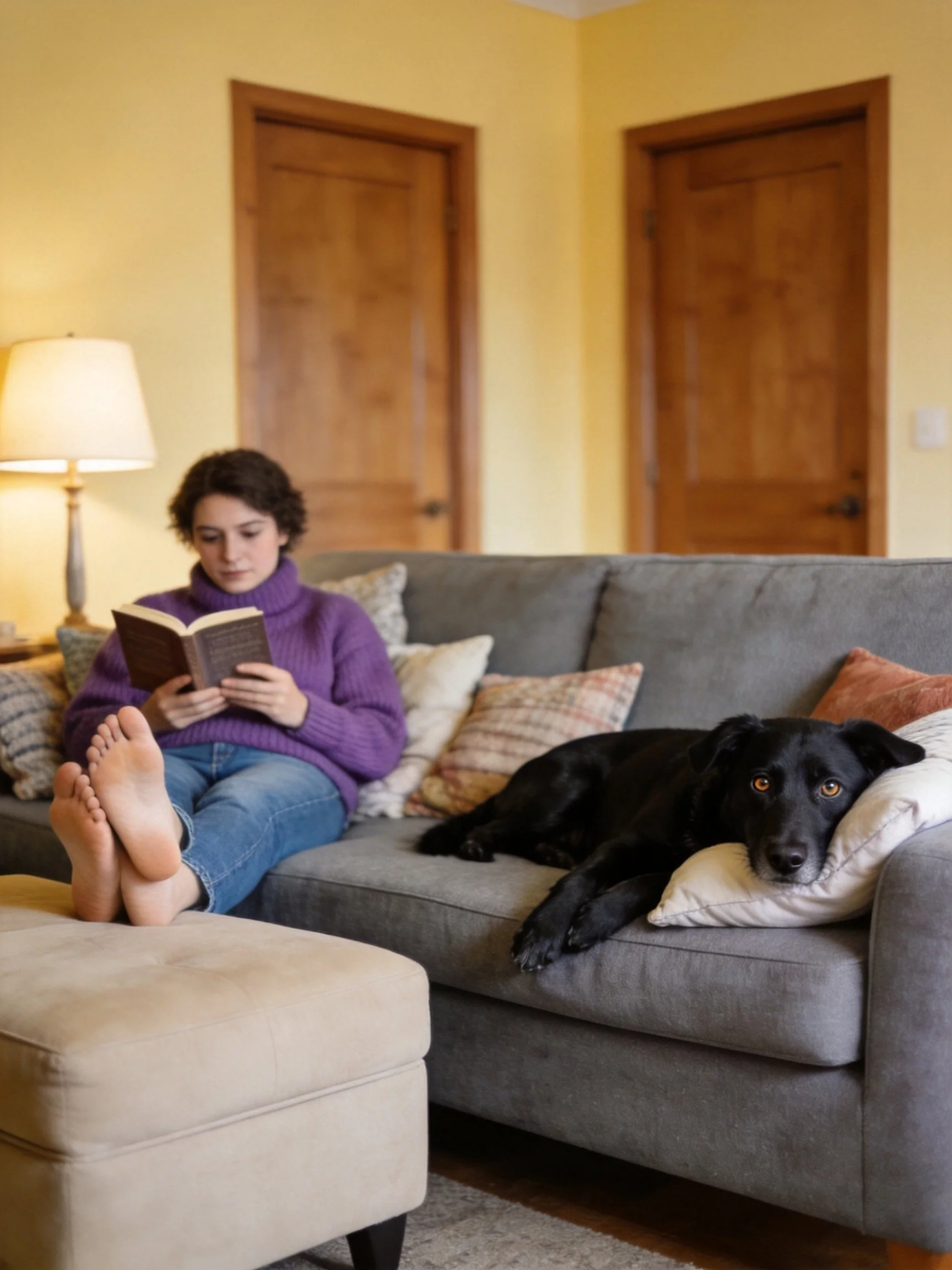 A person reads a book while seated on a couch next to a resting black dog.