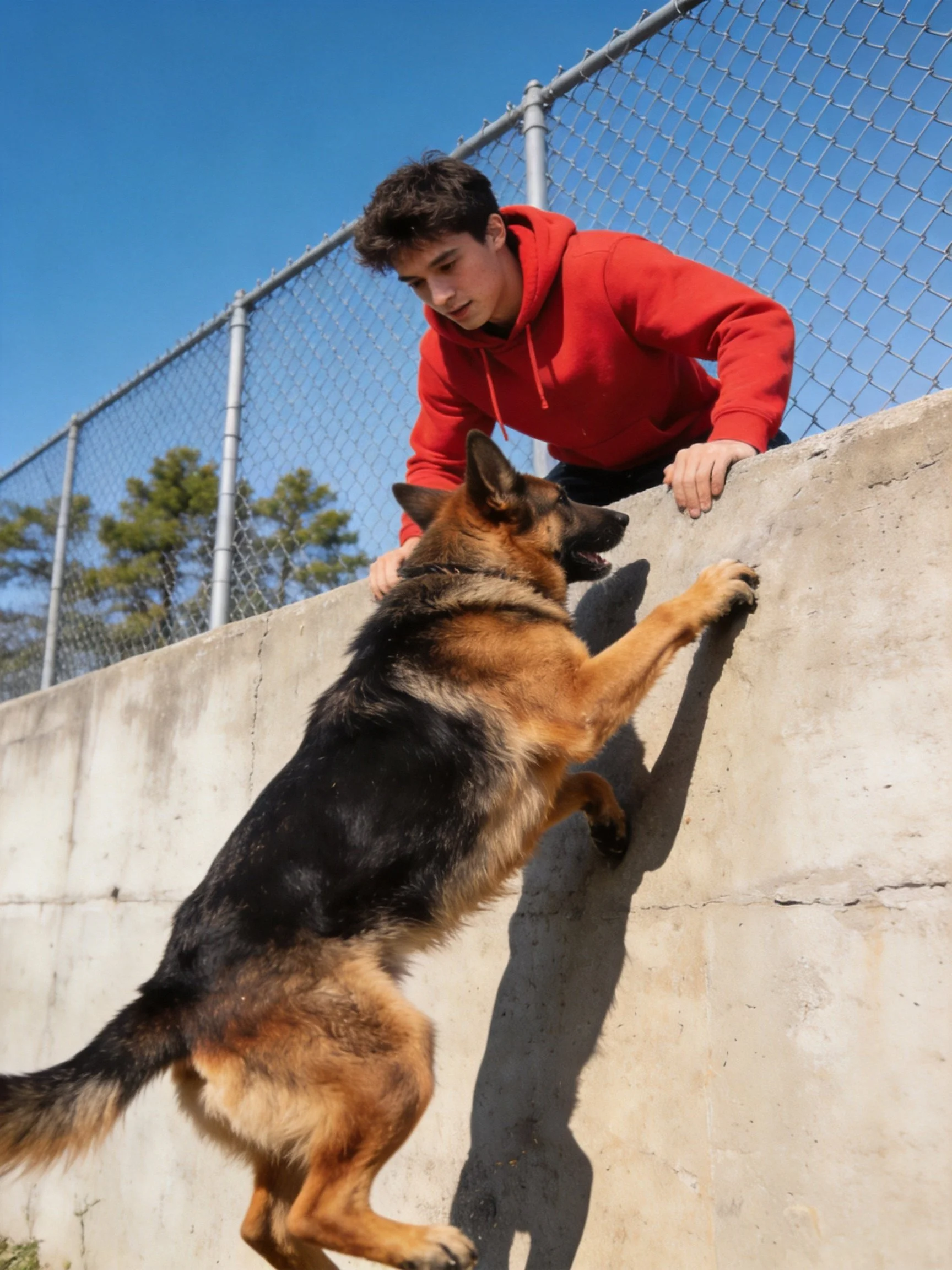 A person in a red hoodie trains a German Shepherd near a concrete structure.