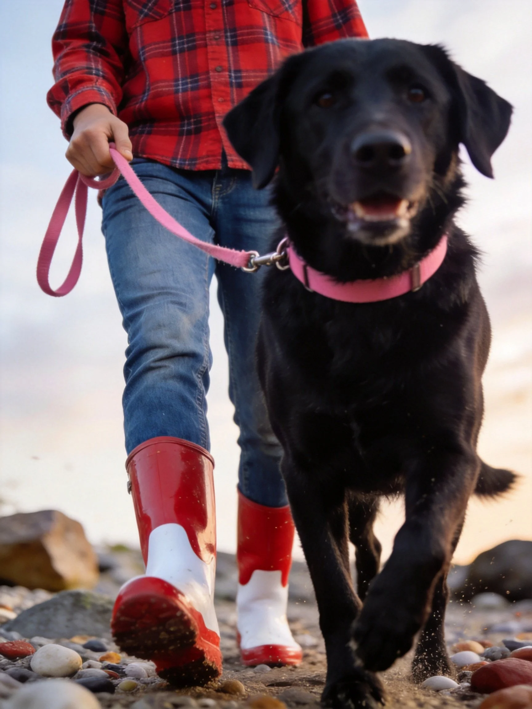 A person in red boots and jeans walks a black dog with a pink leash near rocks.