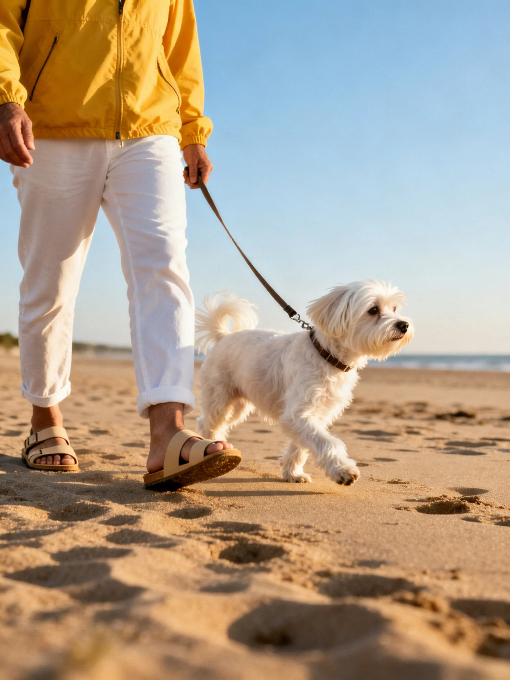 A person walks a small white dog along a sandy beach shoreline.