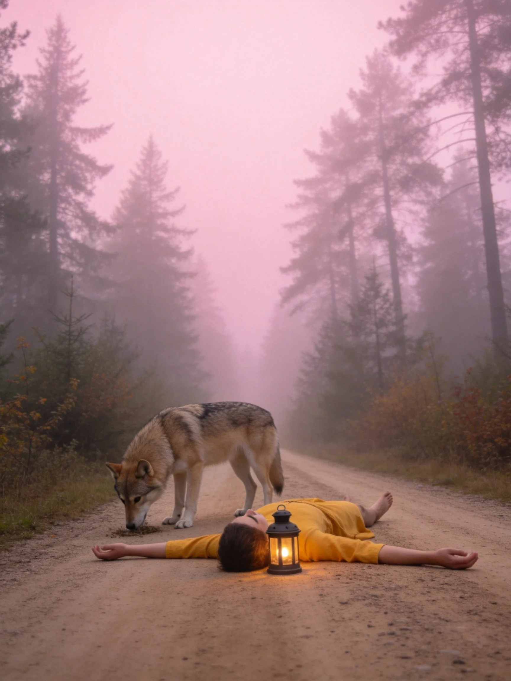 Person in yellow lies on misty forest road as wolf approaches