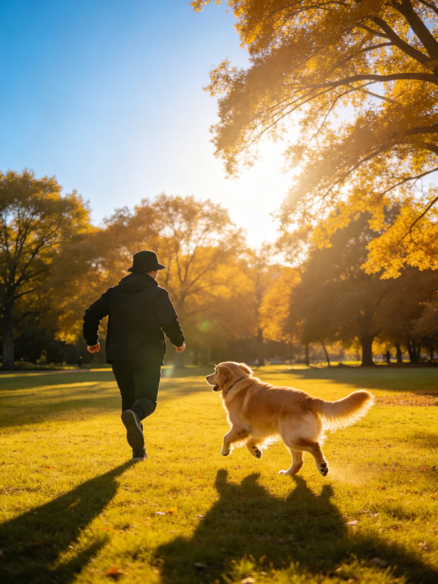 A person runs beside a golden retriever in a sunlit fall park.