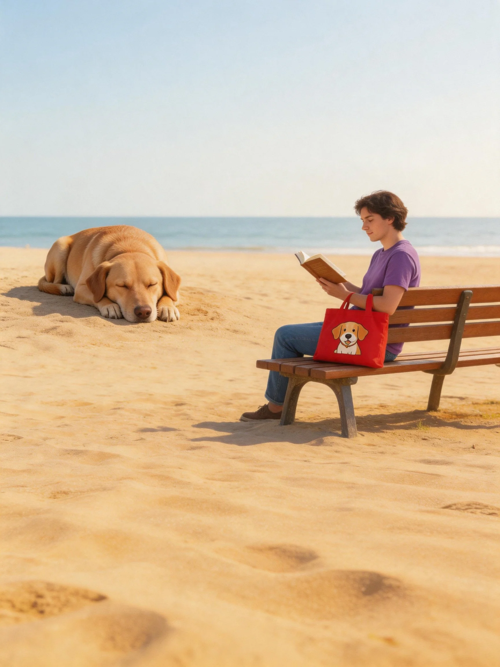 A person reads while a golden retriever rests nearby on a sandy beach.