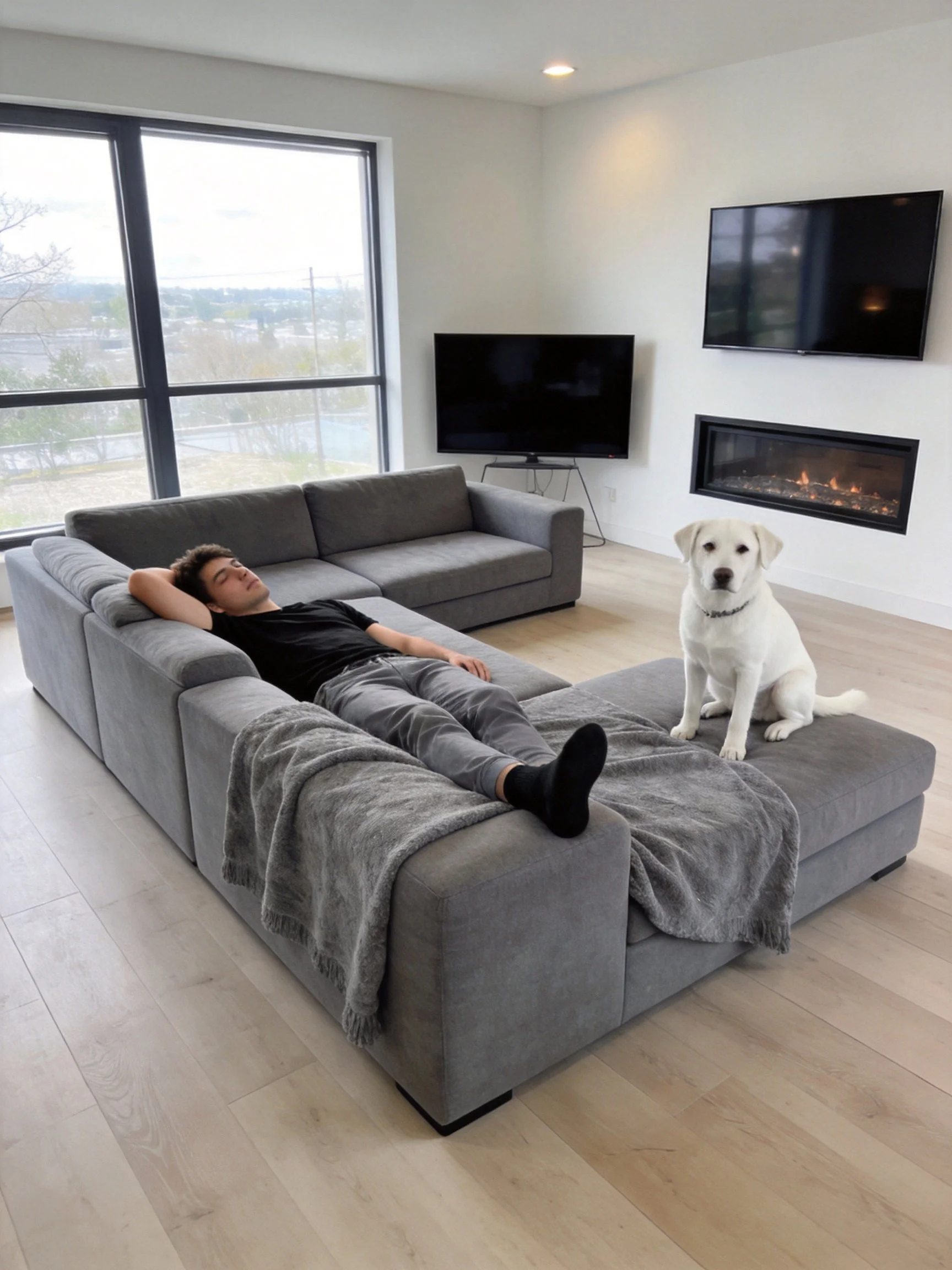 A person relaxes on a gray sectional sofa next to a white dog in a modern living room.