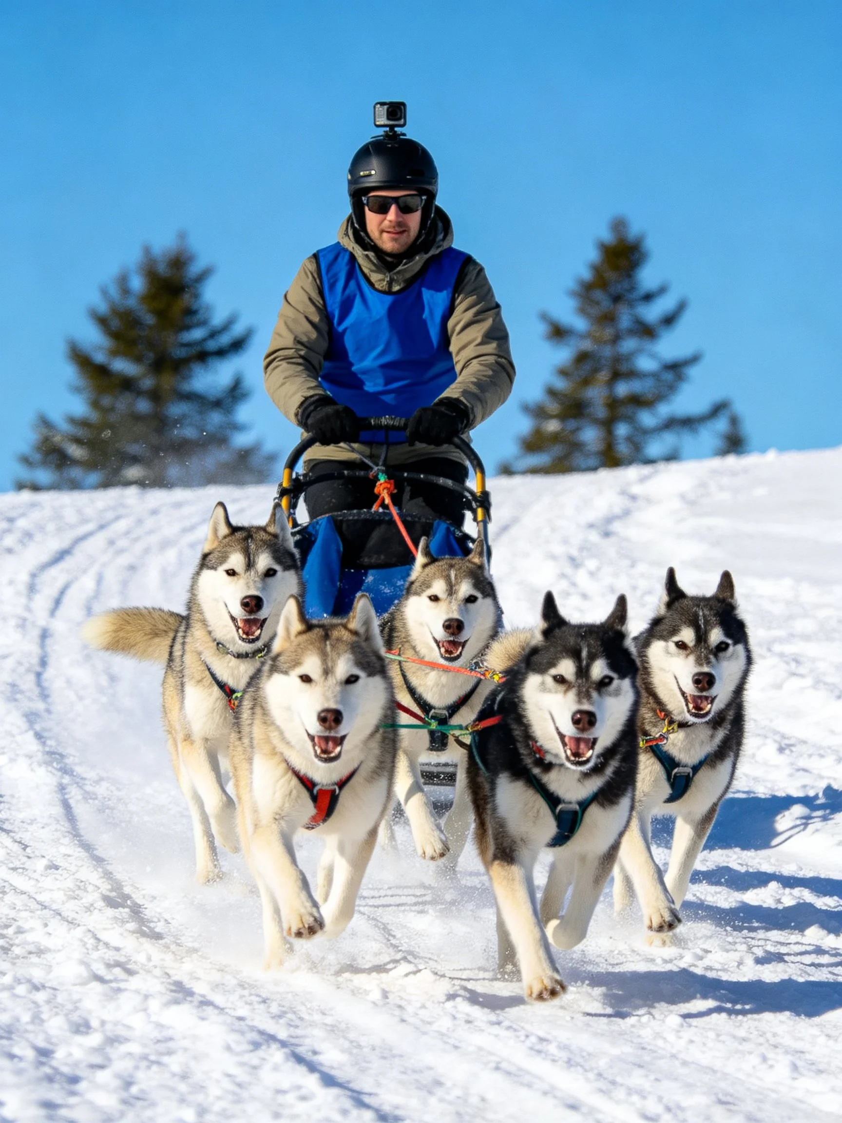 Person rides sled pulled by five Siberian Huskies across snowy terrain