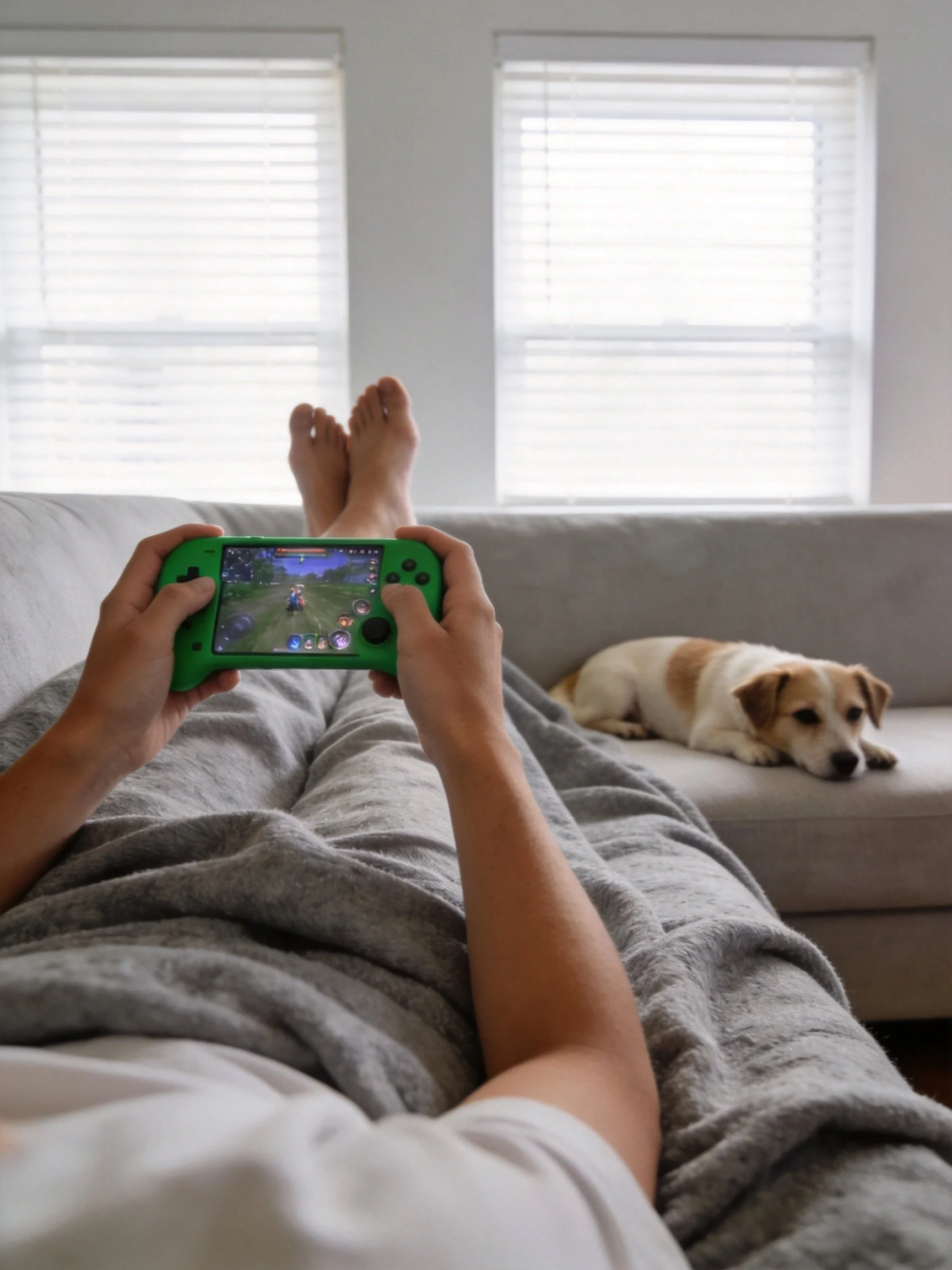 A person plays a green handheld gaming device next to a resting dog on a gray couch.