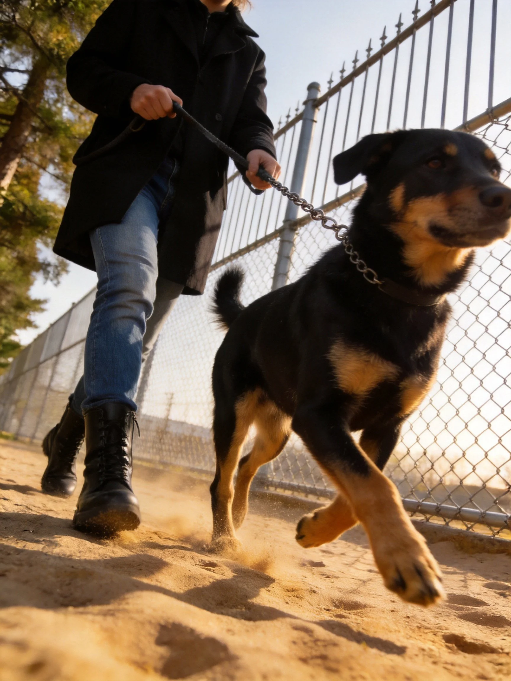 A person walks a black and tan dog using a chain leash near a fenced area
