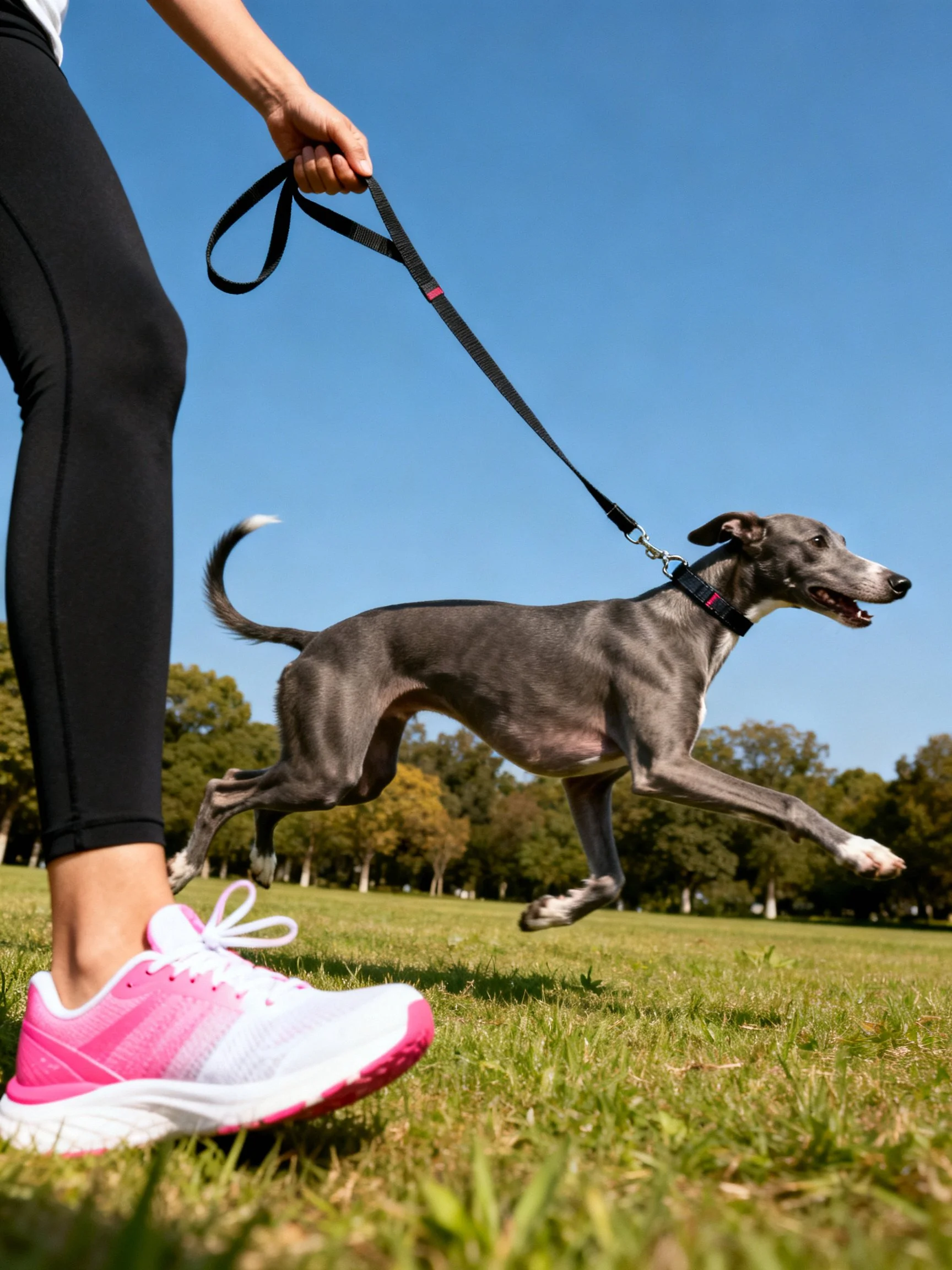 A person walks a grey dog on a leash in a sunny park.